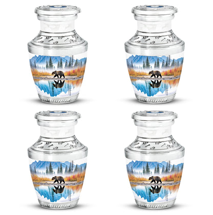 Cornflower Blue Bear Cremation Urn back view with polished surface - stylized abstract bear pattern with bold lines - 10 inch aluminum urn for cremated remains