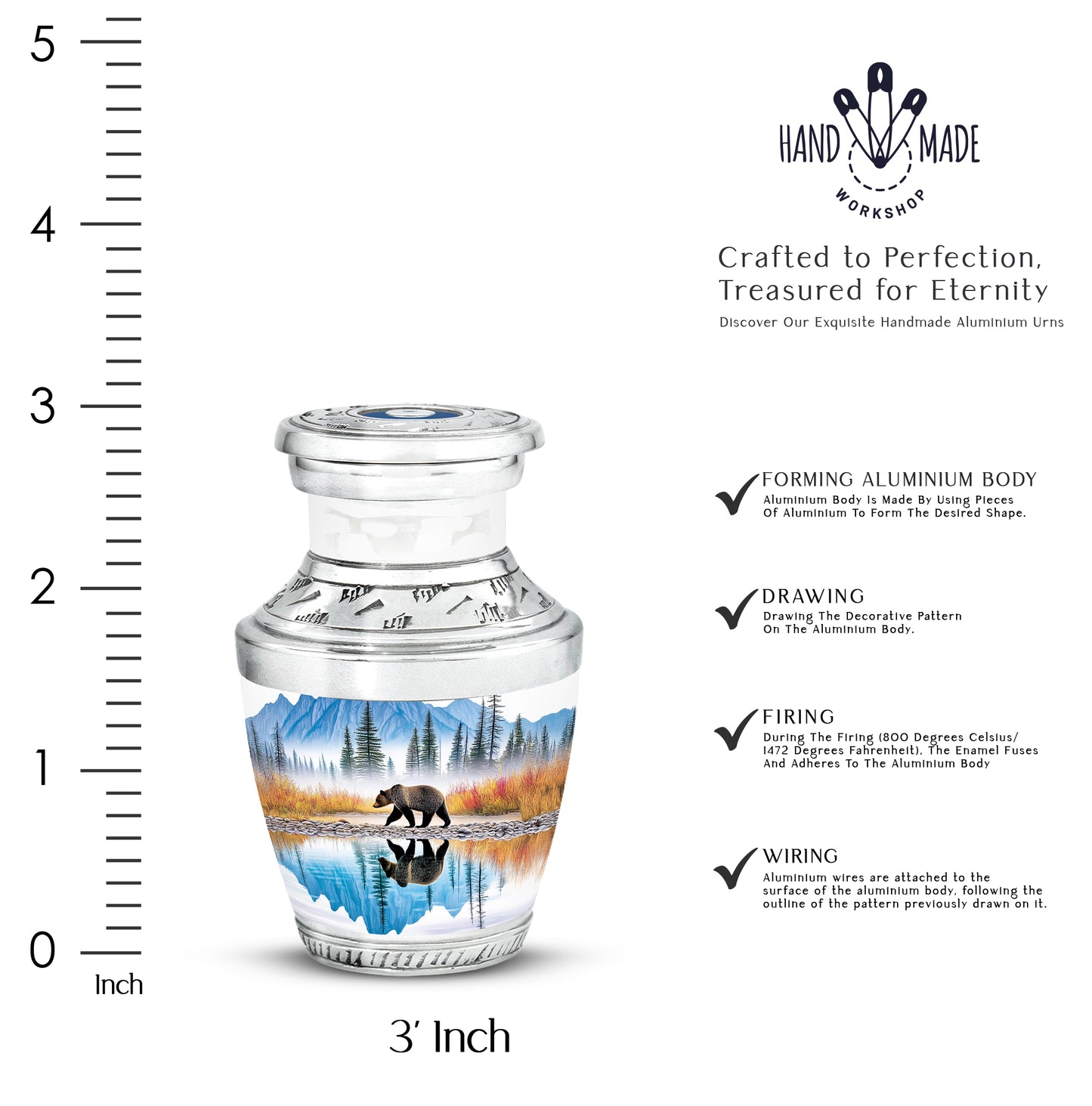 Steel Blue Bear Cremation Urn top-down view of secure threaded lid - stylized abstract bear pattern with bold lines - mini keepsake memorial for portion of cremation ashes