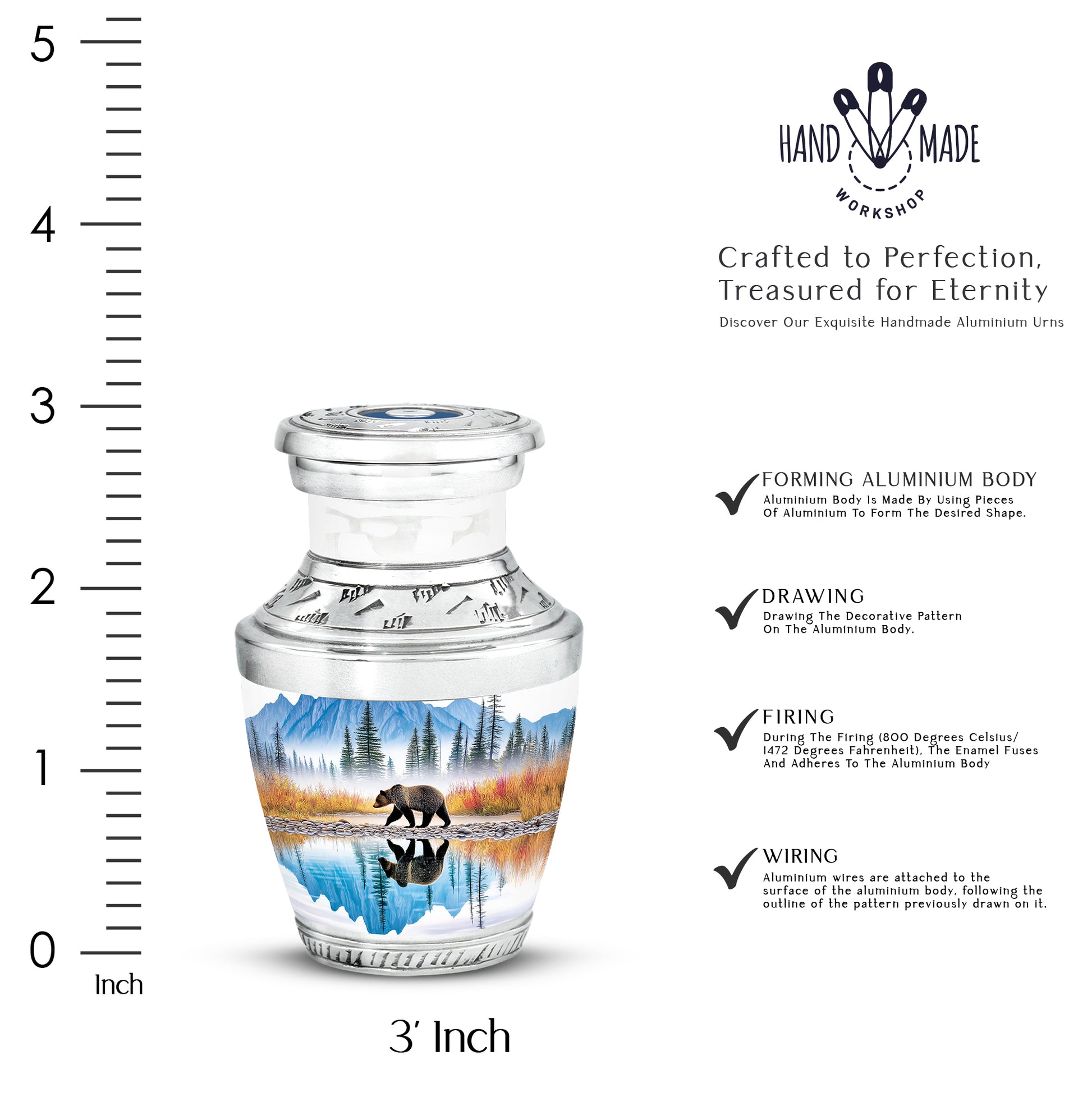 Steel Blue Bear Cremation Urn top-down view of secure threaded lid - stylized abstract bear pattern with bold lines - mini keepsake memorial for portion of cremation ashes