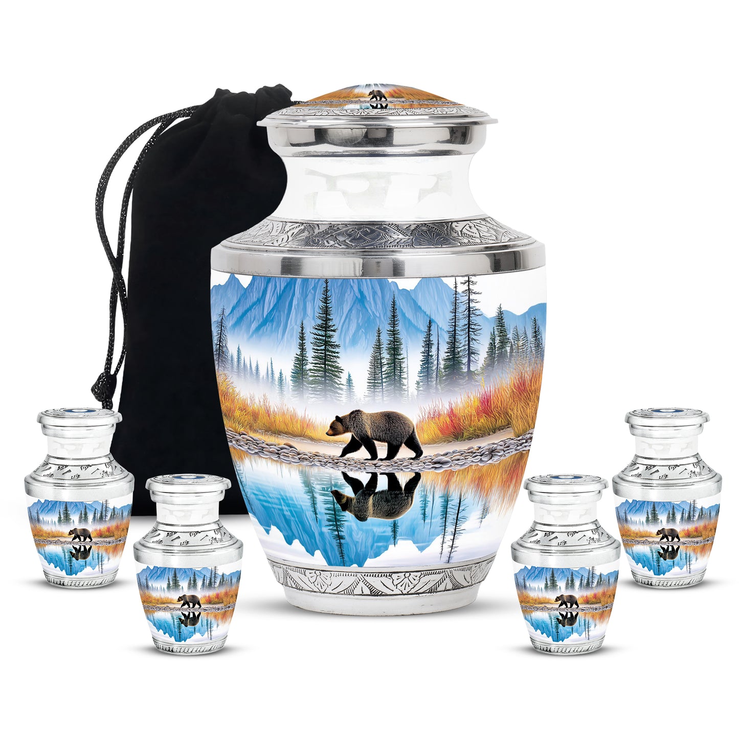 Indigo Bear Cremation Urn lifestyle display on memorial shelf - contemporary bear design with modern artistic flair - memorial set with one large and four small urns