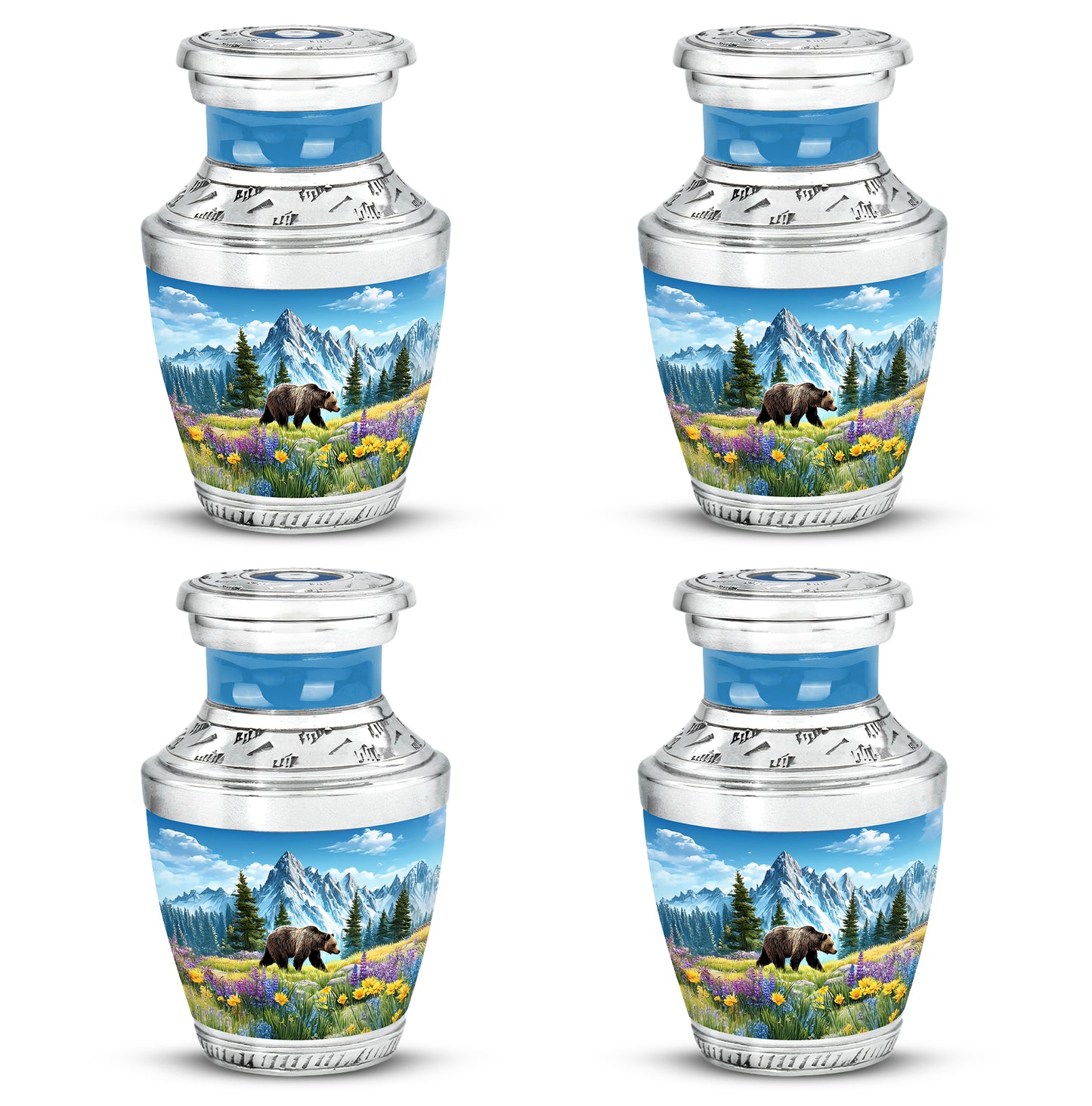 Misty Blue Bear Cremation Urn back view with polished surface - modern art-inspired bear motif on sleek aluminum - 10 inch aluminum urn for cremated remains
