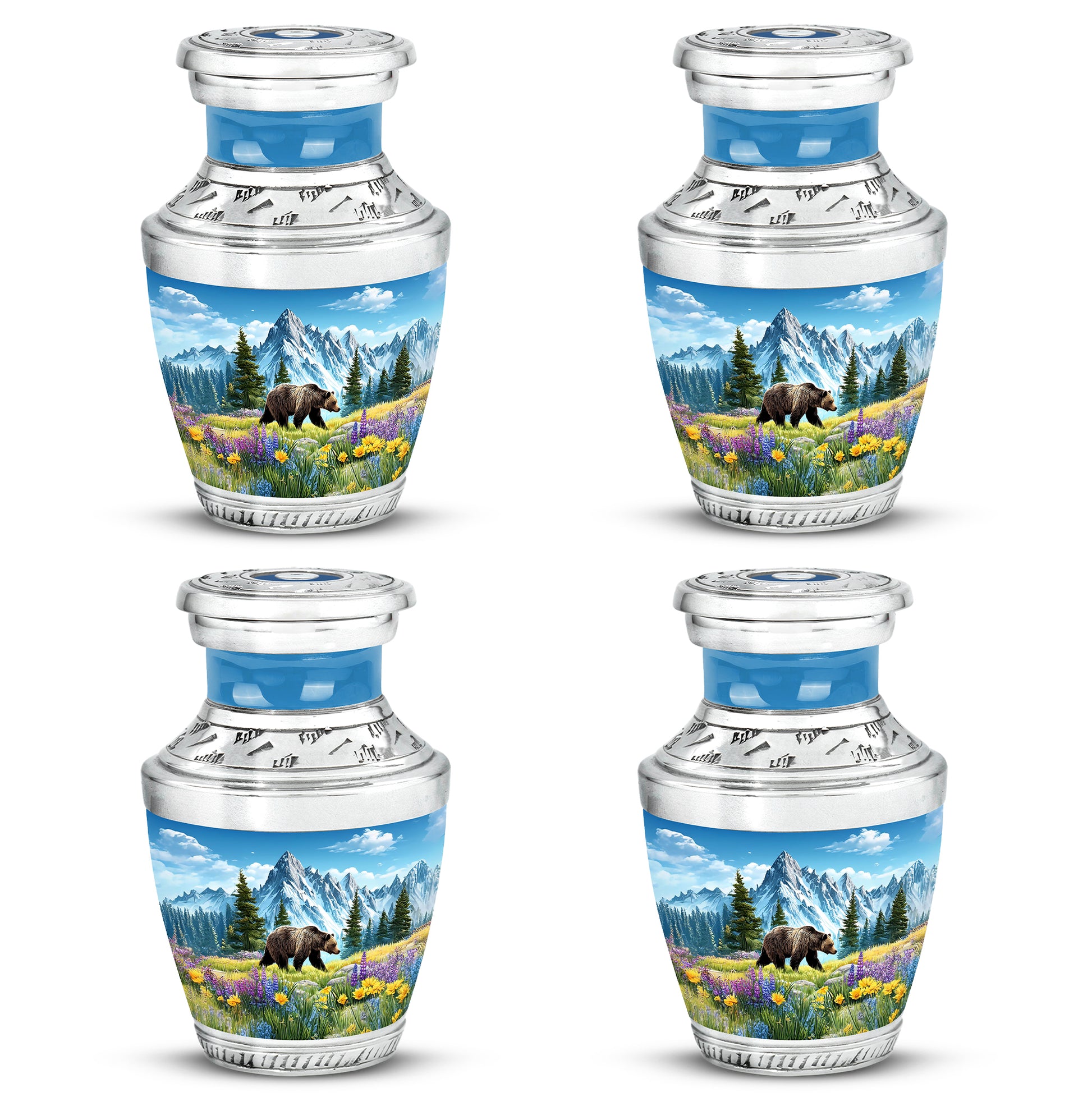 Misty Blue Bear Cremation Urn back view with polished surface - modern art-inspired bear motif on sleek aluminum - 10 inch aluminum urn for cremated remains