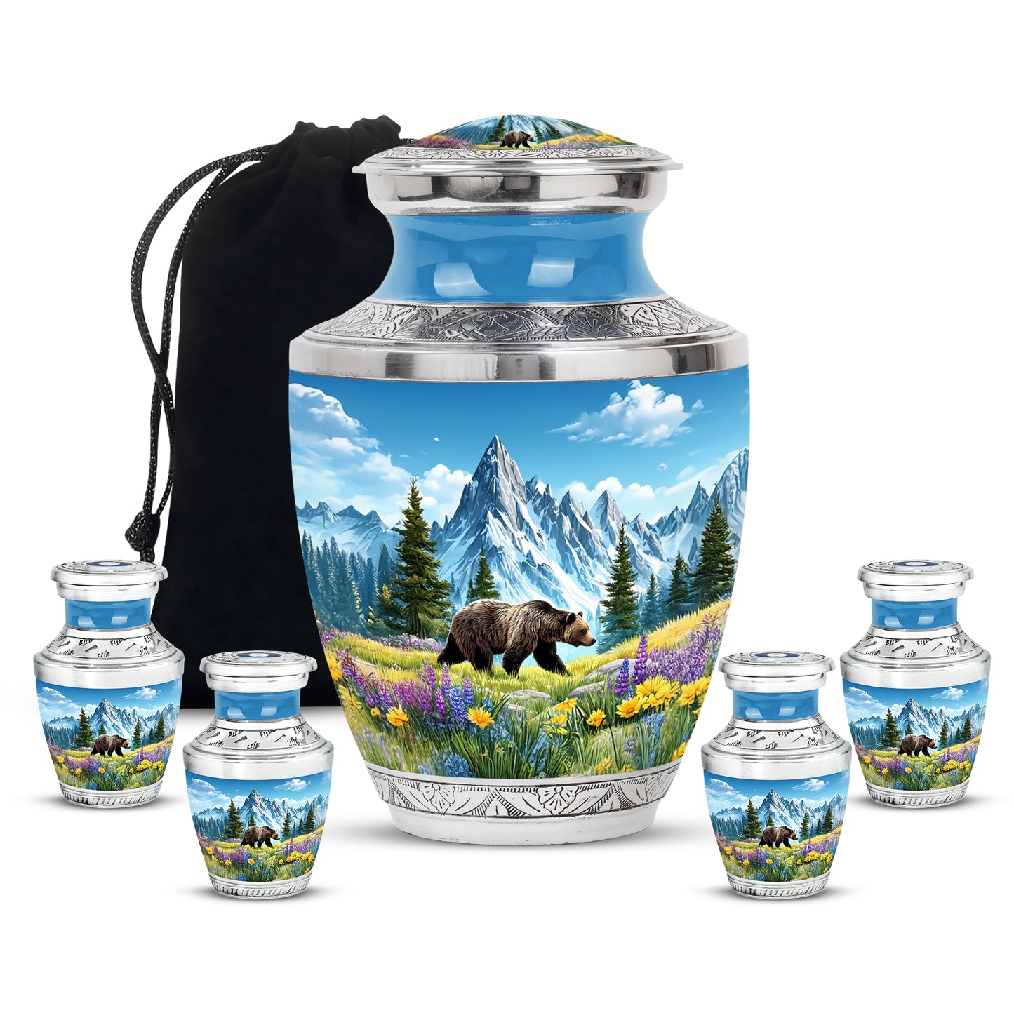 Dusty Blue Bear Cremation Urn lifestyle display on memorial shelf - contemporary bear design with modern artistic flair - memorial set with one large and four small urns