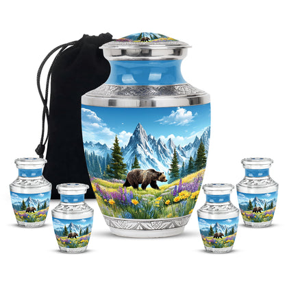 Dusty Blue Bear Cremation Urn lifestyle display on memorial shelf - contemporary bear design with modern artistic flair - memorial set with one large and four small urns