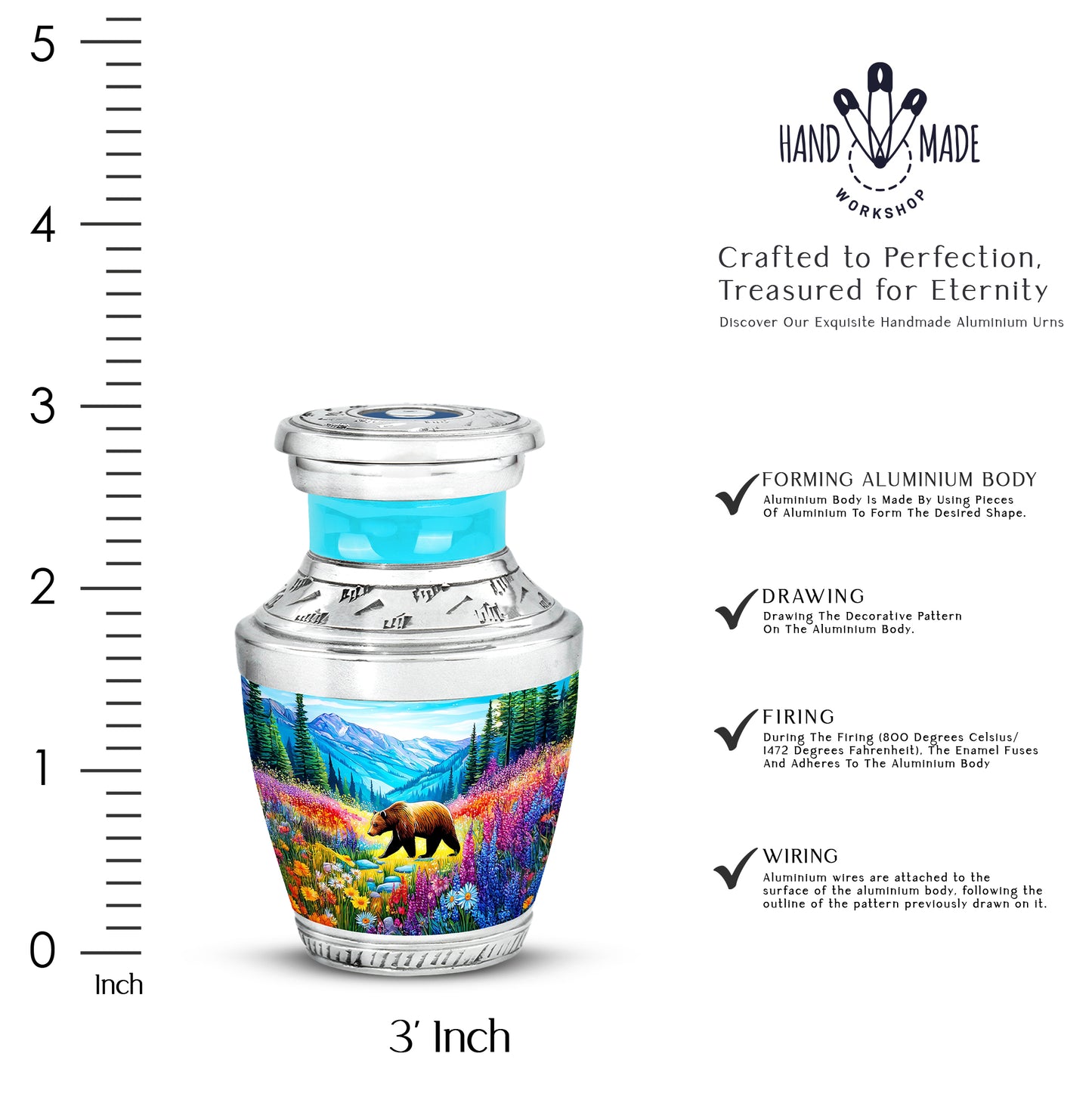Jewel Teal Bear Cremation Urn top-down view of secure threaded lid - modern art-inspired bear motif on sleek aluminum - mini keepsake memorial for portion of cremation ashes