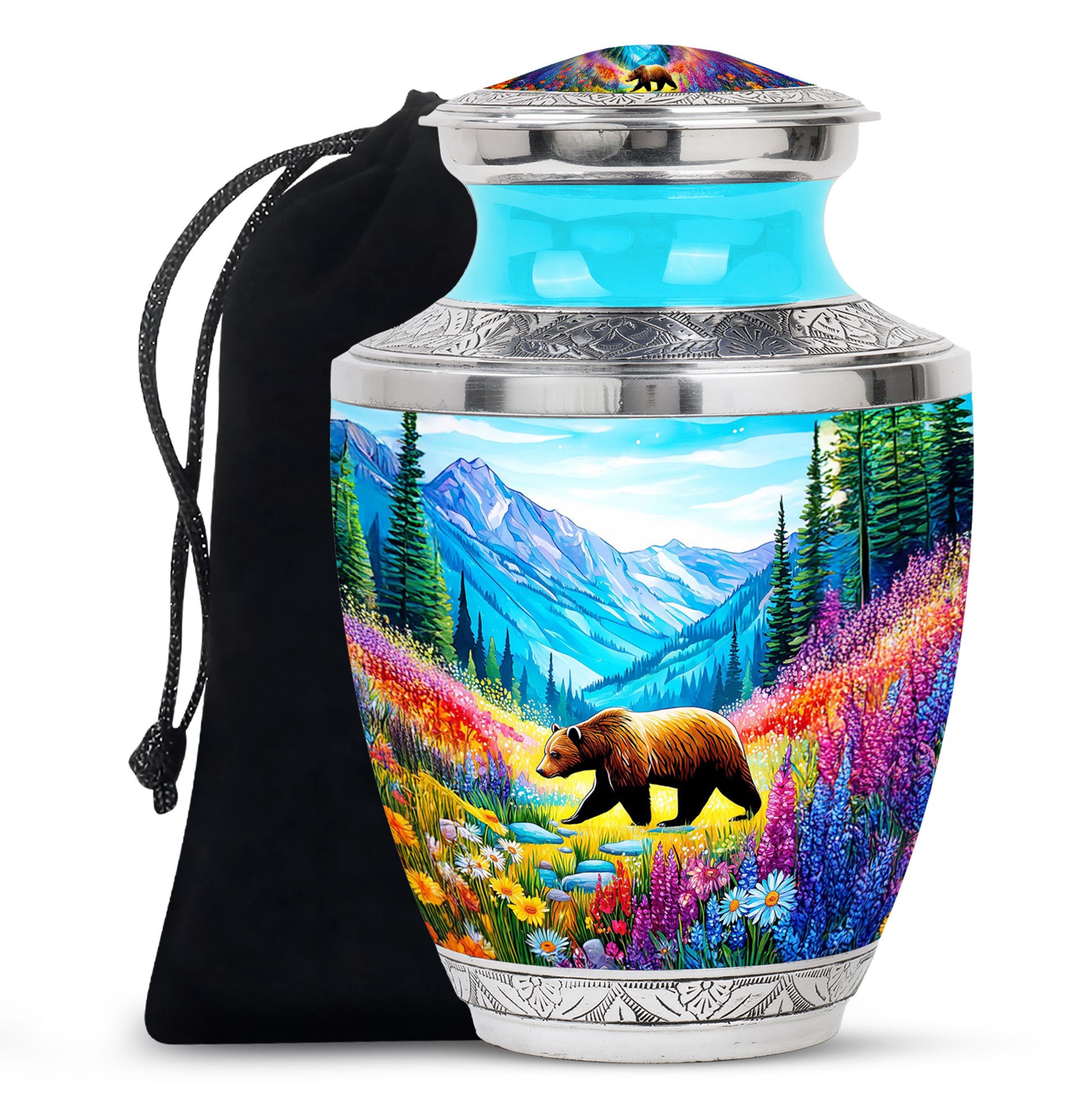 Aqua Teal Bear Cremation Urn side profile showing urn shape - stylized abstract bear pattern with bold lines - full-size 10 inch 200 cubic inch adult cremation urn