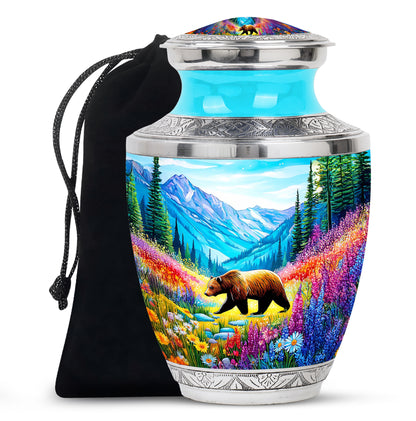 Aqua Teal Bear Cremation Urn side profile showing urn shape - stylized abstract bear pattern with bold lines - full-size 10 inch 200 cubic inch adult cremation urn