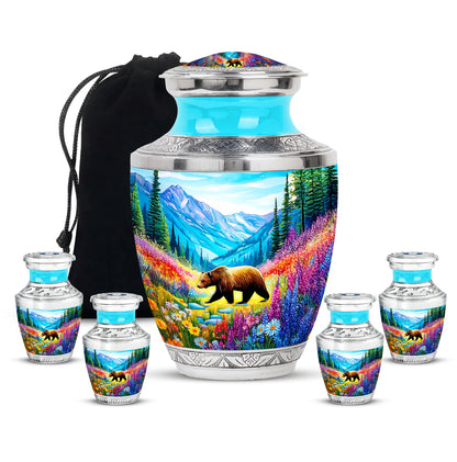 Deep Teal Bear Cremation Urn lifestyle display on memorial shelf - artistic bear interpretation with creative detail - memorial set with one large and four small urns