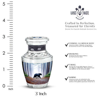 Misty Blue Bear Cremation Urn top-down view of secure threaded lid - modern art-inspired bear motif on sleek aluminum - mini keepsake memorial for portion of cremation ashes