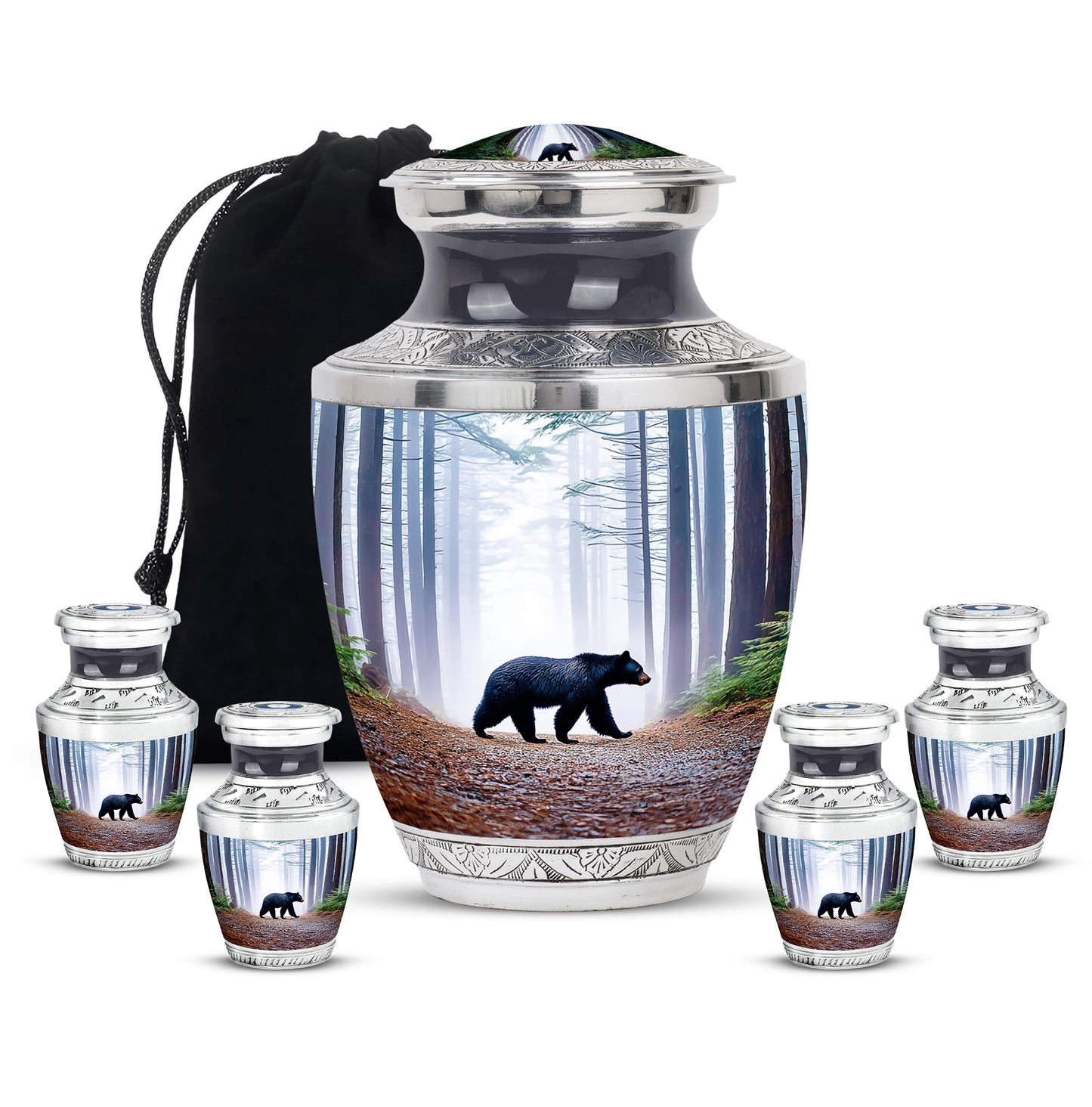 Indigo Bear Cremation Urn lifestyle display on memorial shelf - modern art-inspired bear motif on sleek aluminum - memorial set with one large and four small urns