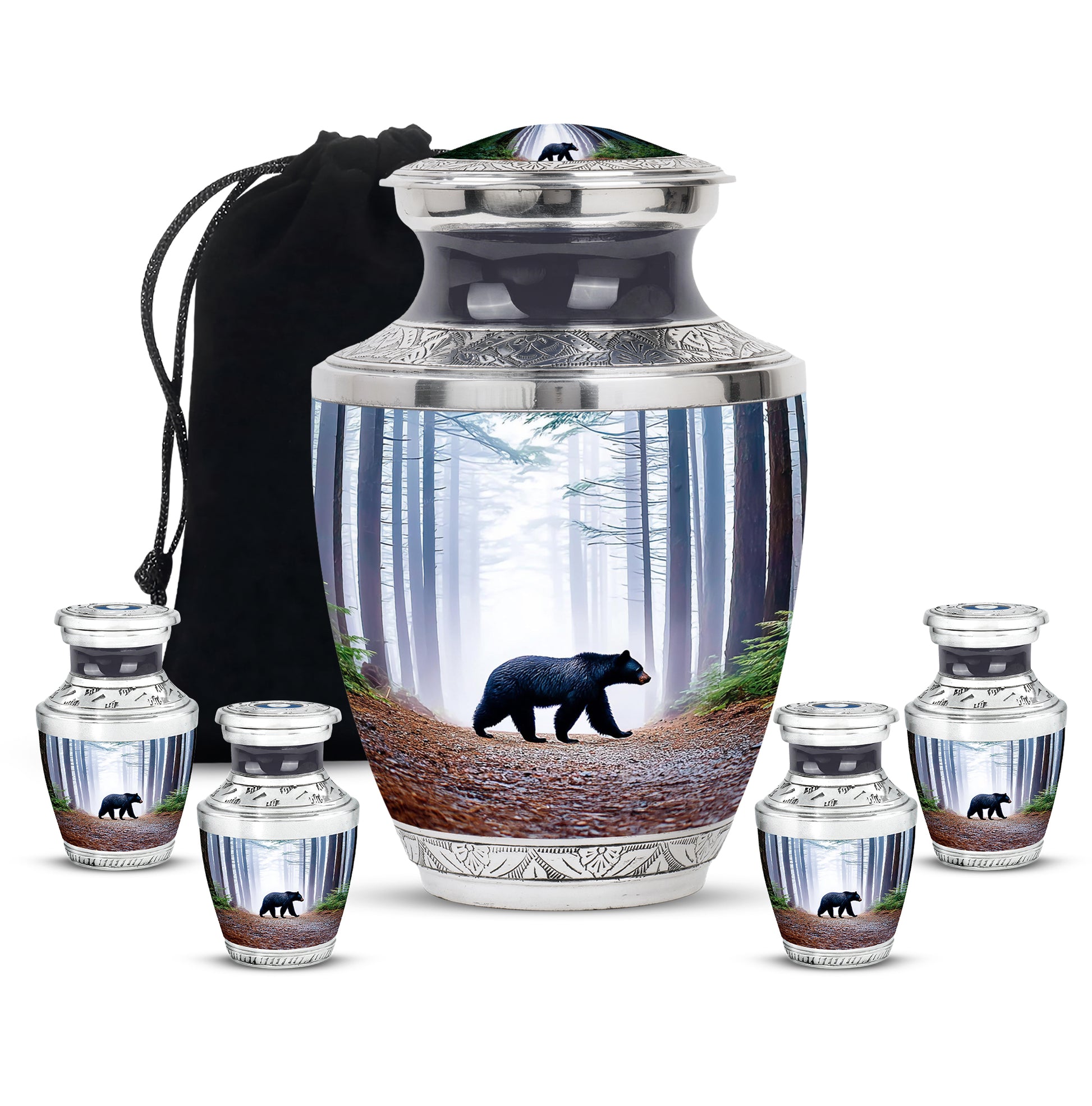 Indigo Bear Cremation Urn lifestyle display on memorial shelf - modern art-inspired bear motif on sleek aluminum - memorial set with one large and four small urns