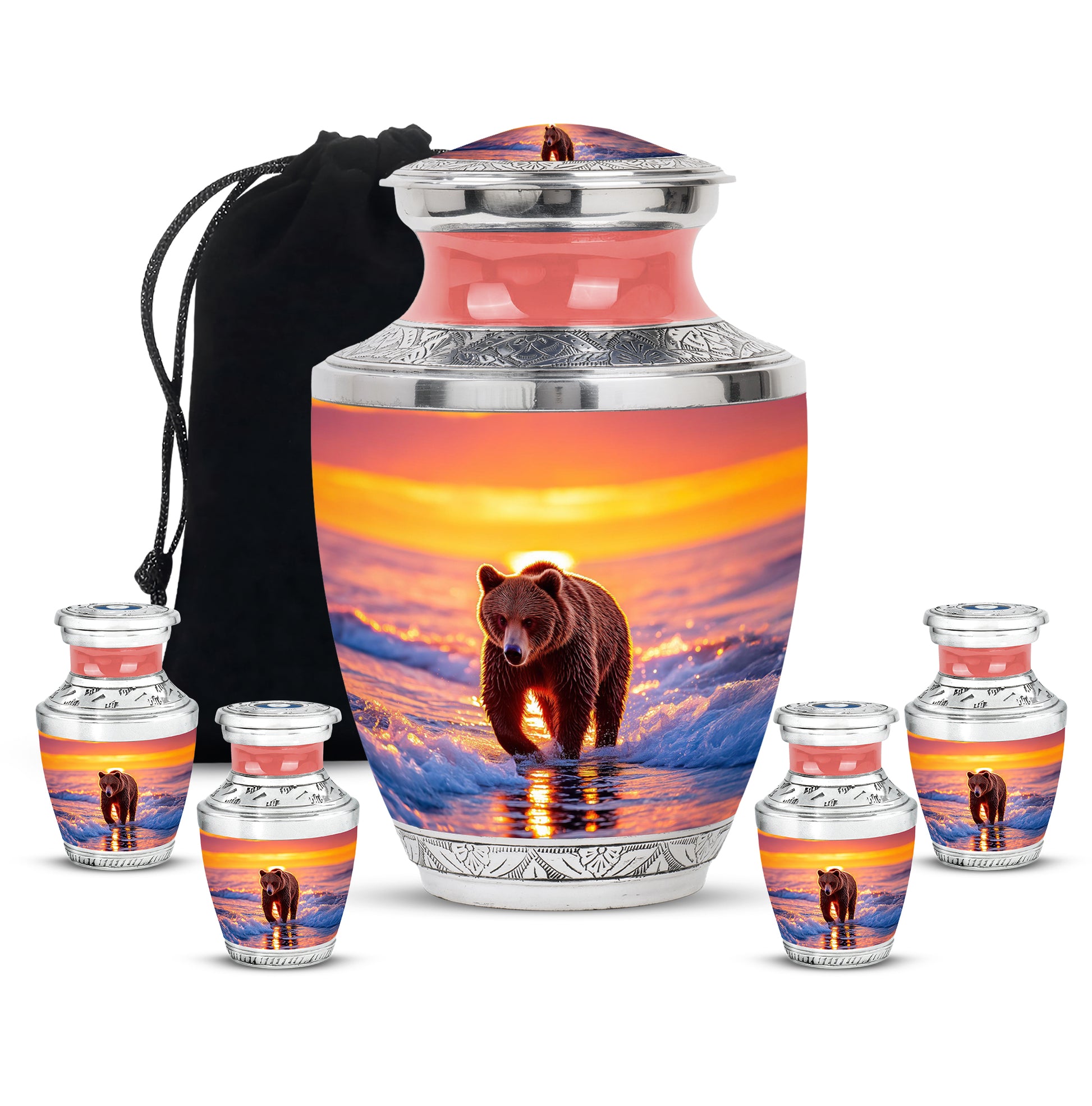 Ruby Red Bear Cremation Urn lifestyle display on memorial shelf - stylized abstract bear pattern with bold lines - memorial set with one large and four small urns