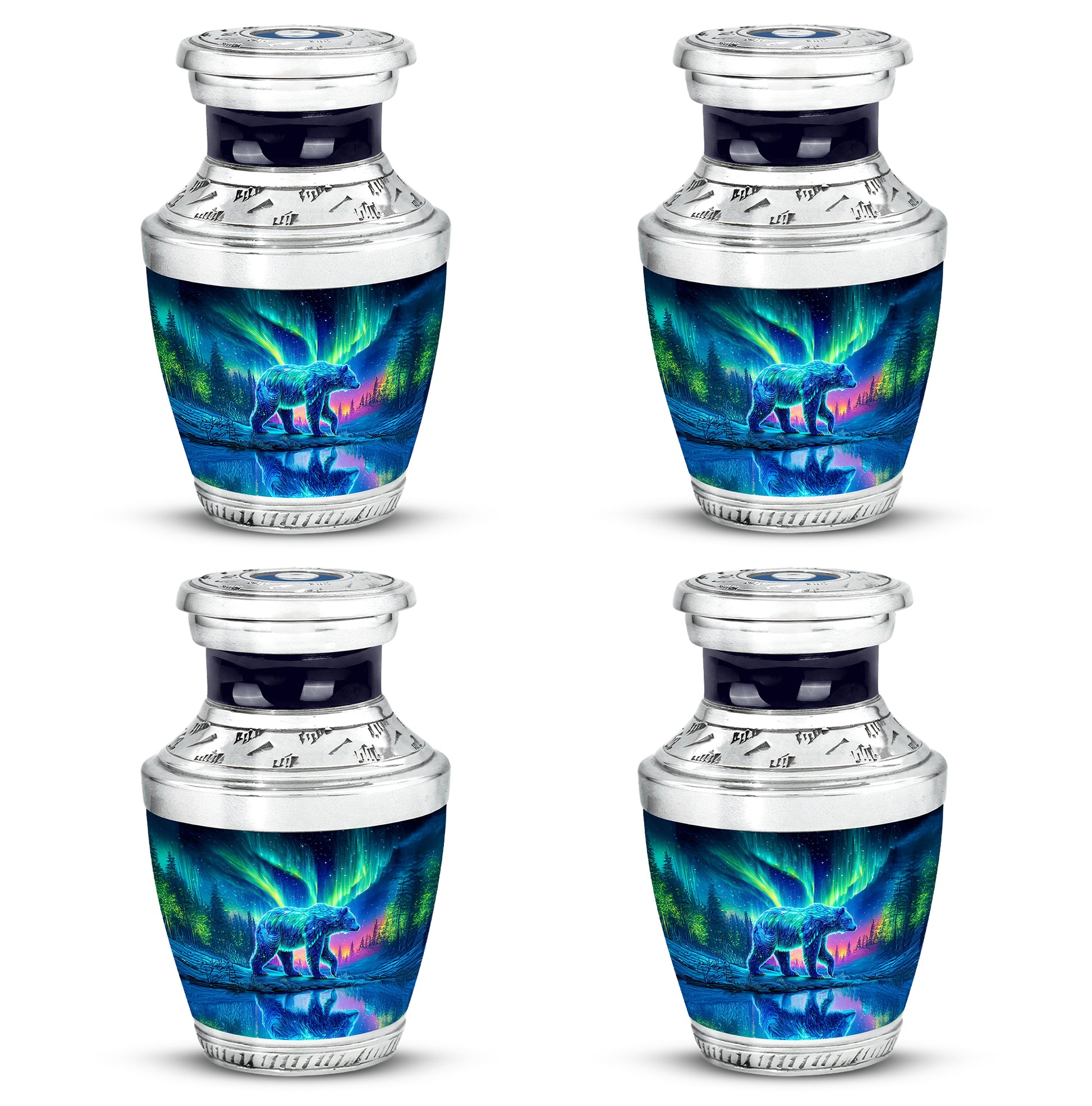 Vivid Blue Bear Cremation Urn back view with polished surface - artistic bear interpretation with creative detail - 10 inch aluminum urn for cremated remains