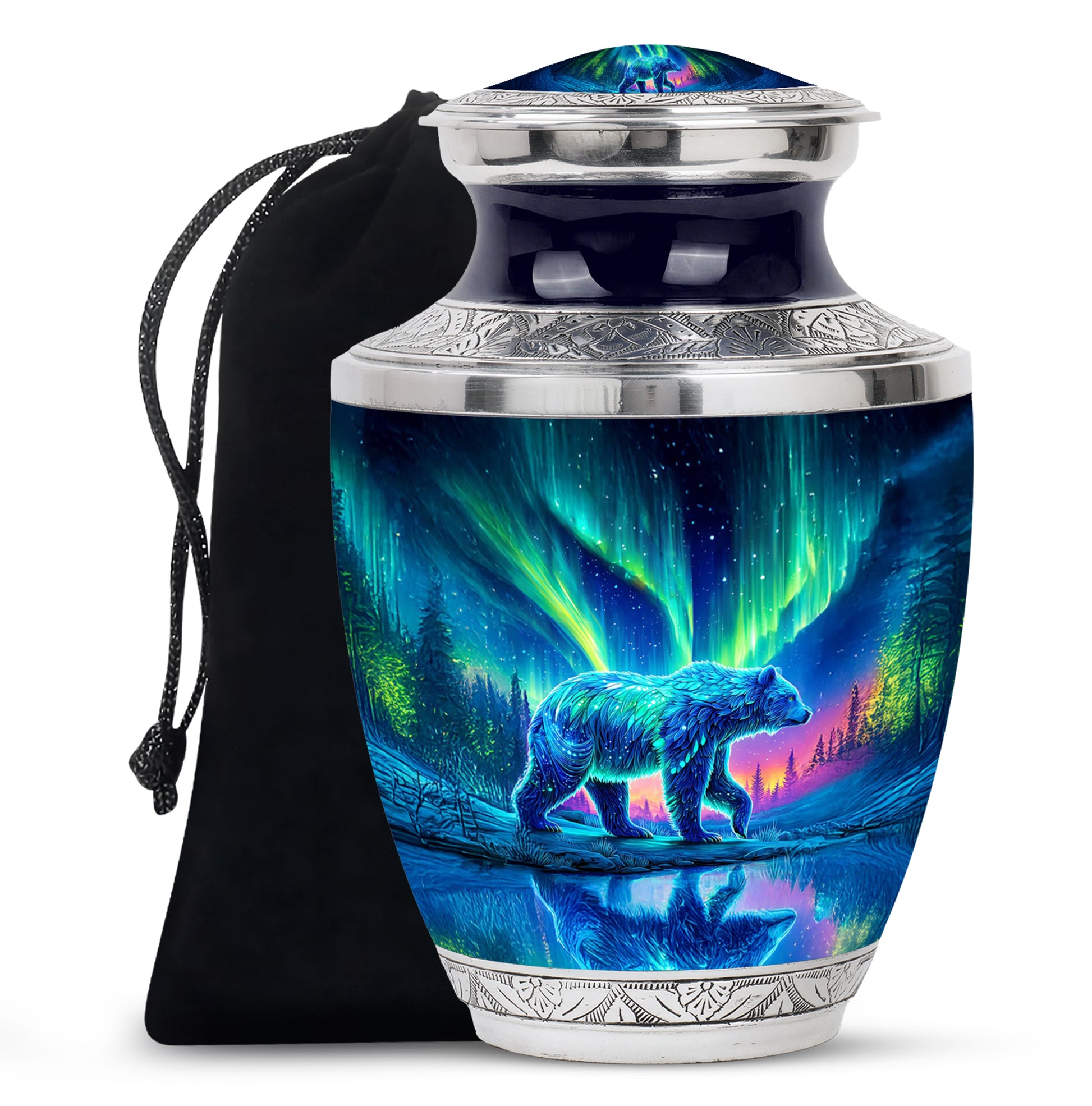 Bright Blue Bear Cremation Urn side profile showing urn shape - stylized abstract bear pattern with bold lines - full-size 10 inch 200 cubic inch adult cremation urn
