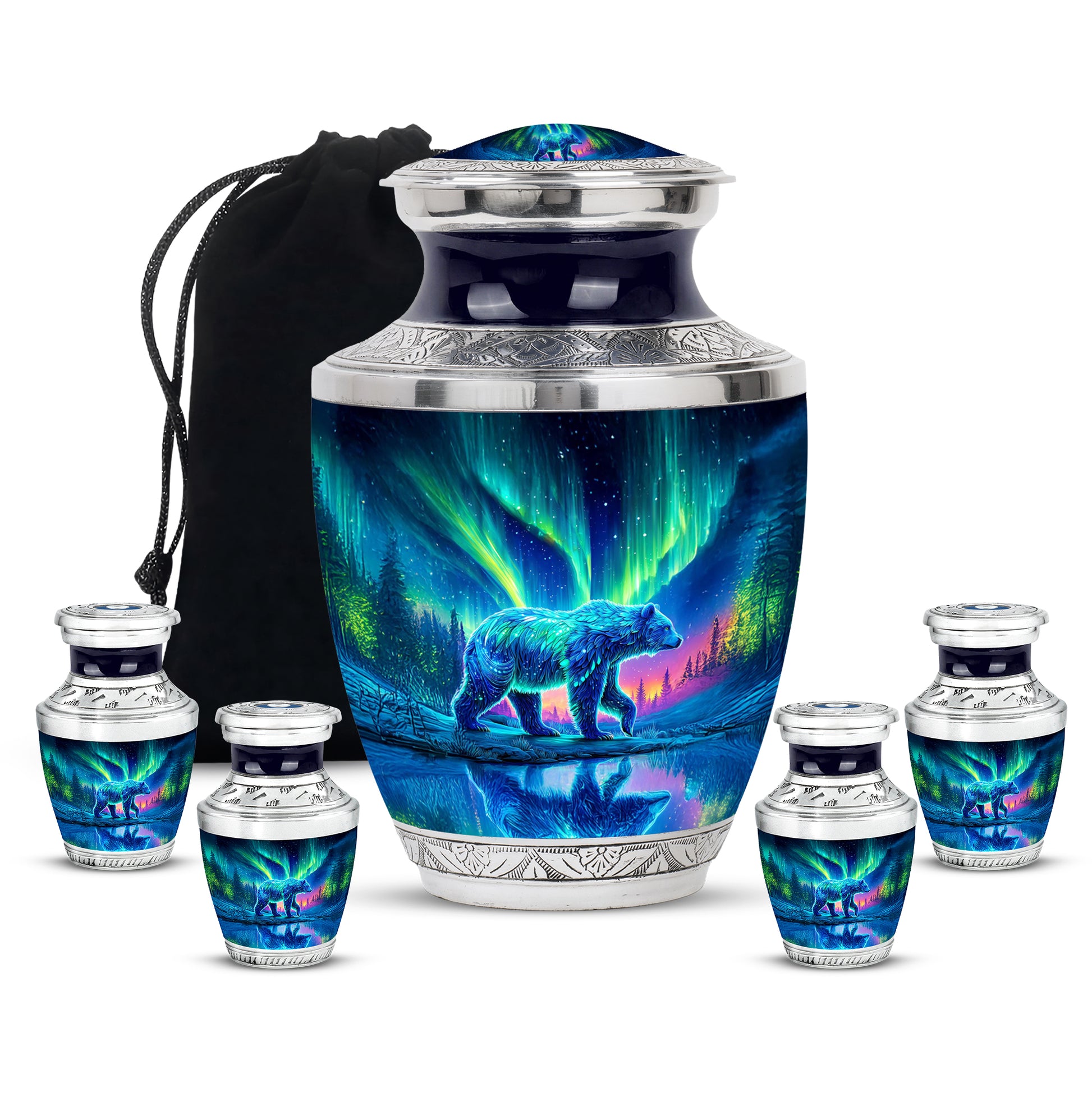 Steel Blue Bear Cremation Urn lifestyle display on memorial shelf - artistic bear interpretation with creative detail - memorial set with one large and four small urns