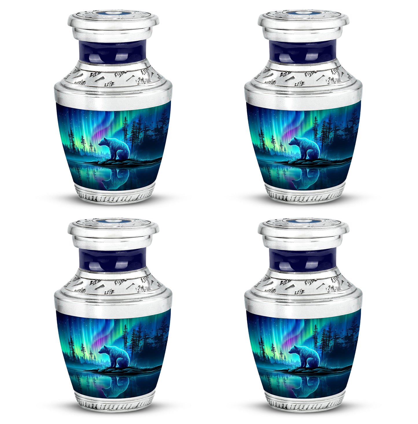 Steel Blue Bear Cremation Urn back view with polished surface - stylized abstract bear pattern with bold lines - 10 inch aluminum urn for cremated remains