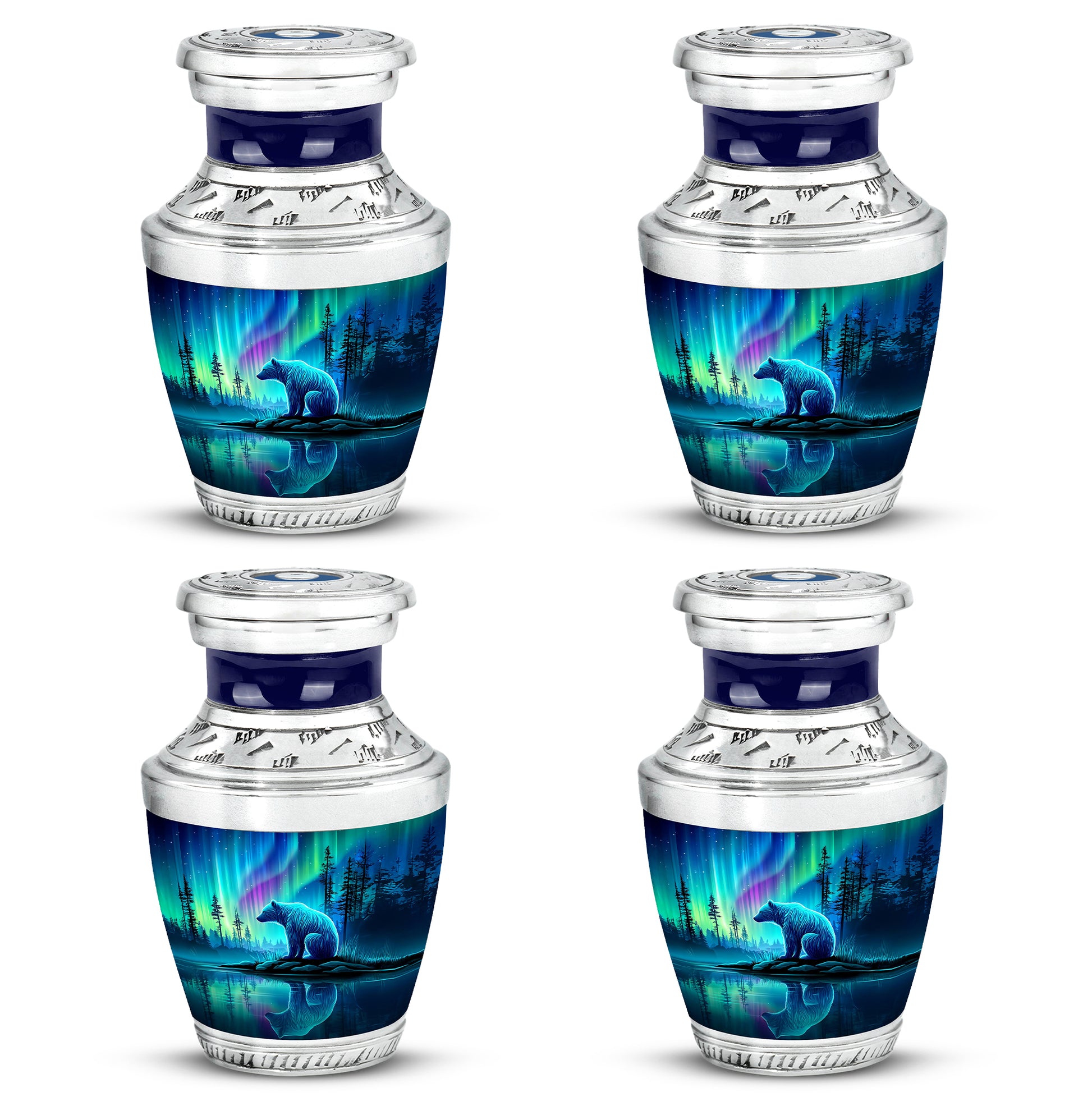 Steel Blue Bear Cremation Urn back view with polished surface - stylized abstract bear pattern with bold lines - 10 inch aluminum urn for cremated remains
