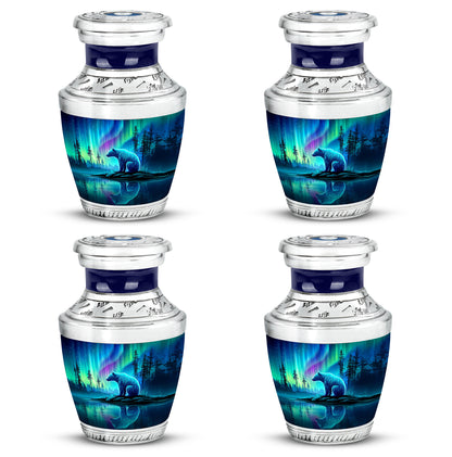Steel Blue Bear Cremation Urn back view with polished surface - stylized abstract bear pattern with bold lines - 10 inch aluminum urn for cremated remains