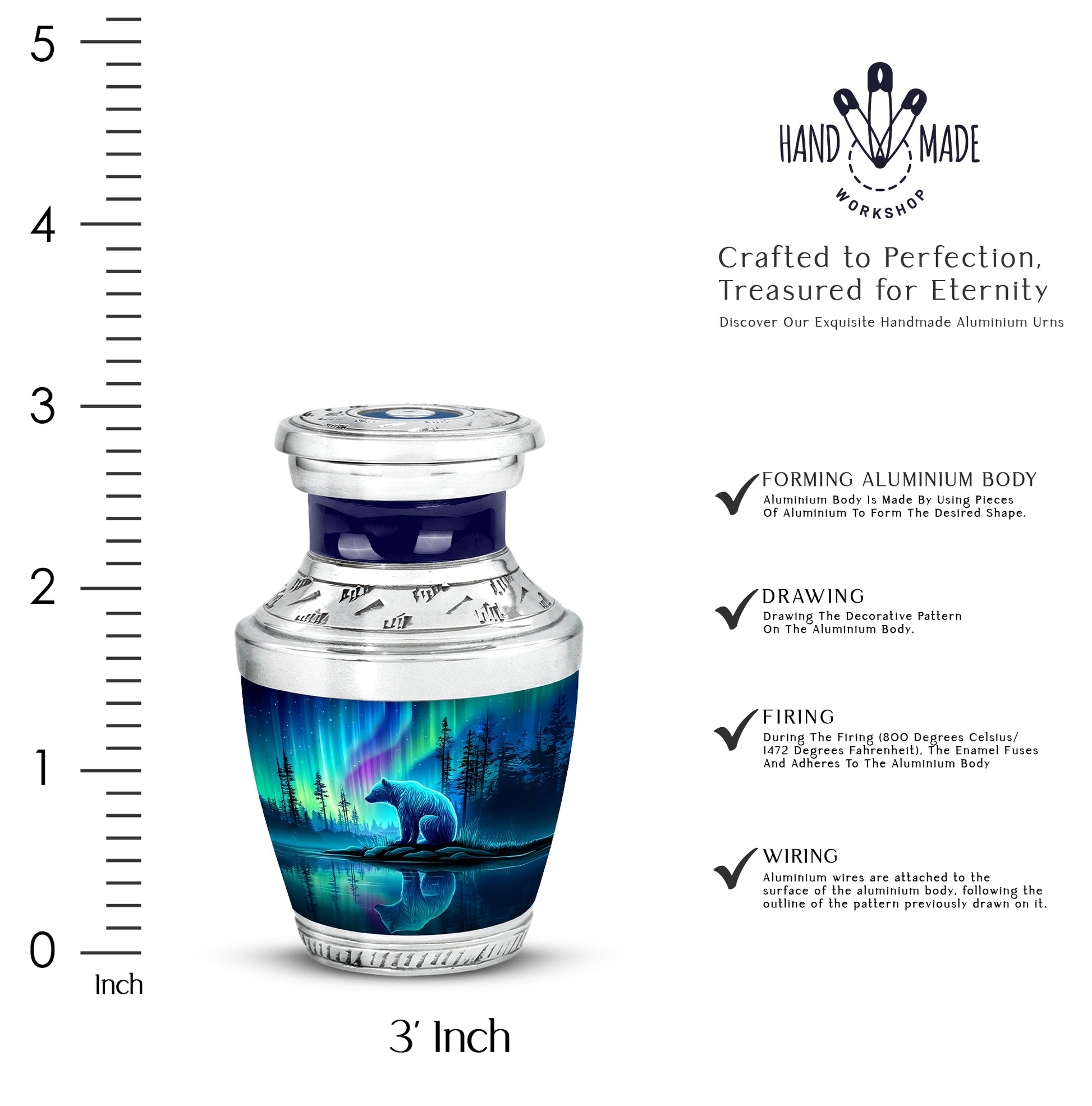 Cornflower Blue Bear Cremation Urn top-down view of secure threaded lid - stylized abstract bear pattern with bold lines - mini keepsake memorial for portion of cremation ashes