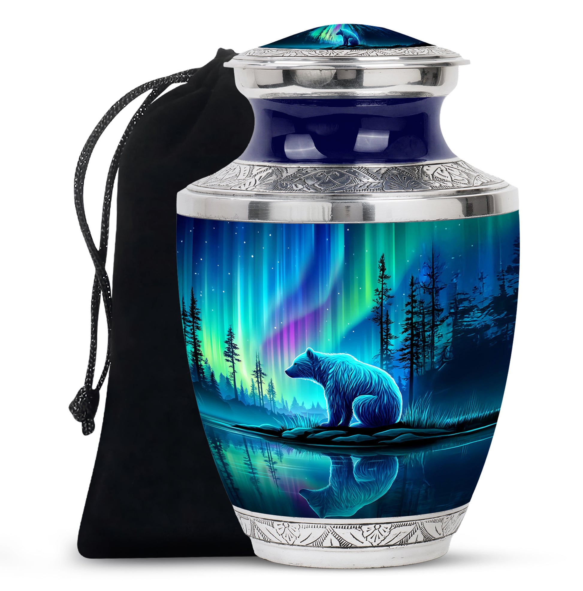 Royal Blue Bear Cremation Urn side profile showing urn shape - stylized abstract bear pattern with bold lines - full-size 10 inch 200 cubic inch adult cremation urn