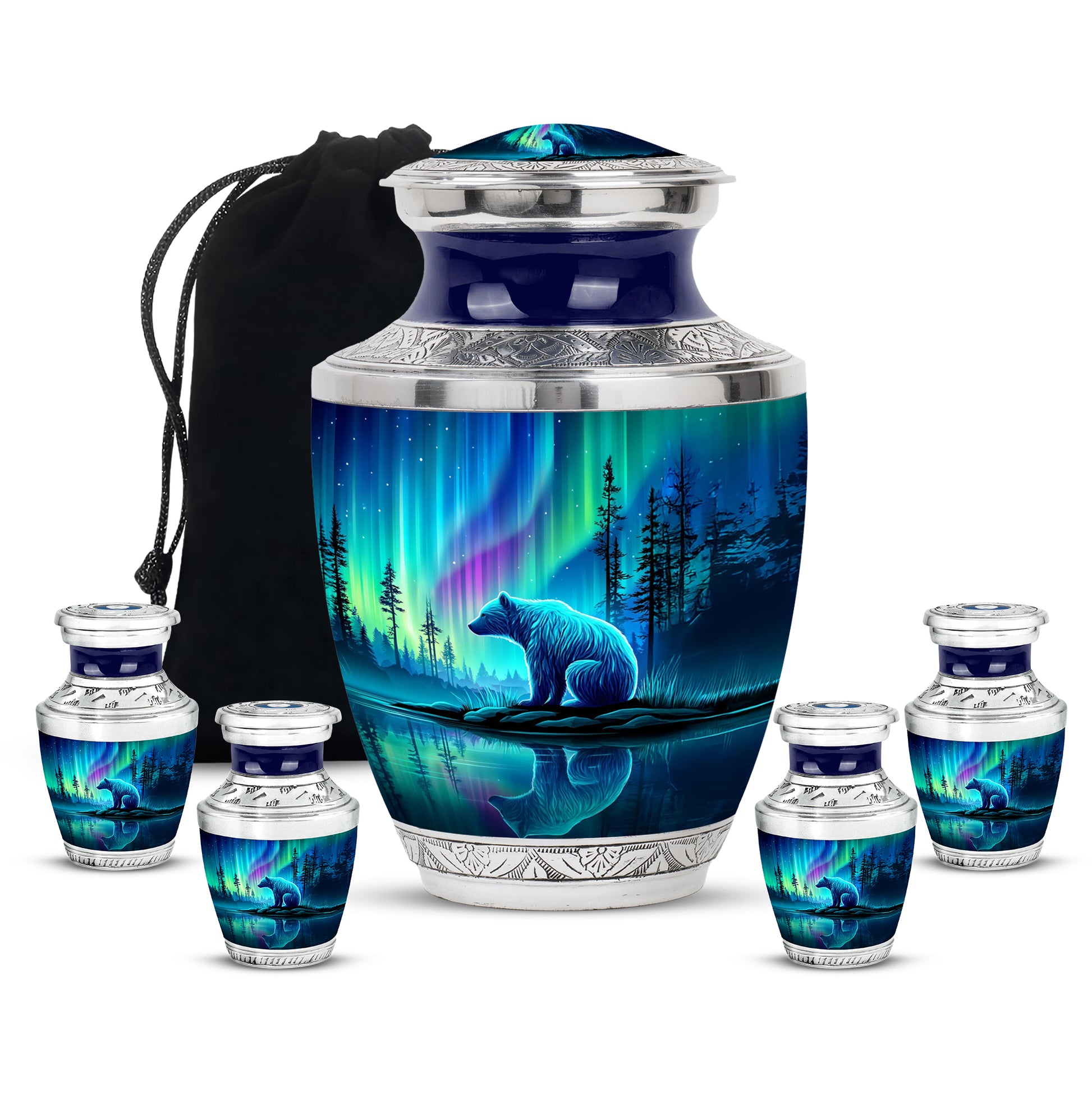 Sapphire Blue Bear Cremation Urn lifestyle display on memorial shelf - stylized abstract bear pattern with bold lines - memorial set with one large and four small urns