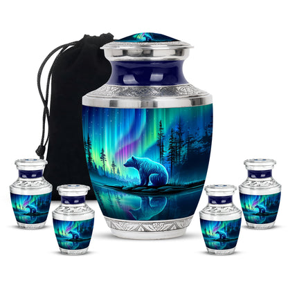 Sapphire Blue Bear Cremation Urn lifestyle display on memorial shelf - stylized abstract bear pattern with bold lines - memorial set with one large and four small urns