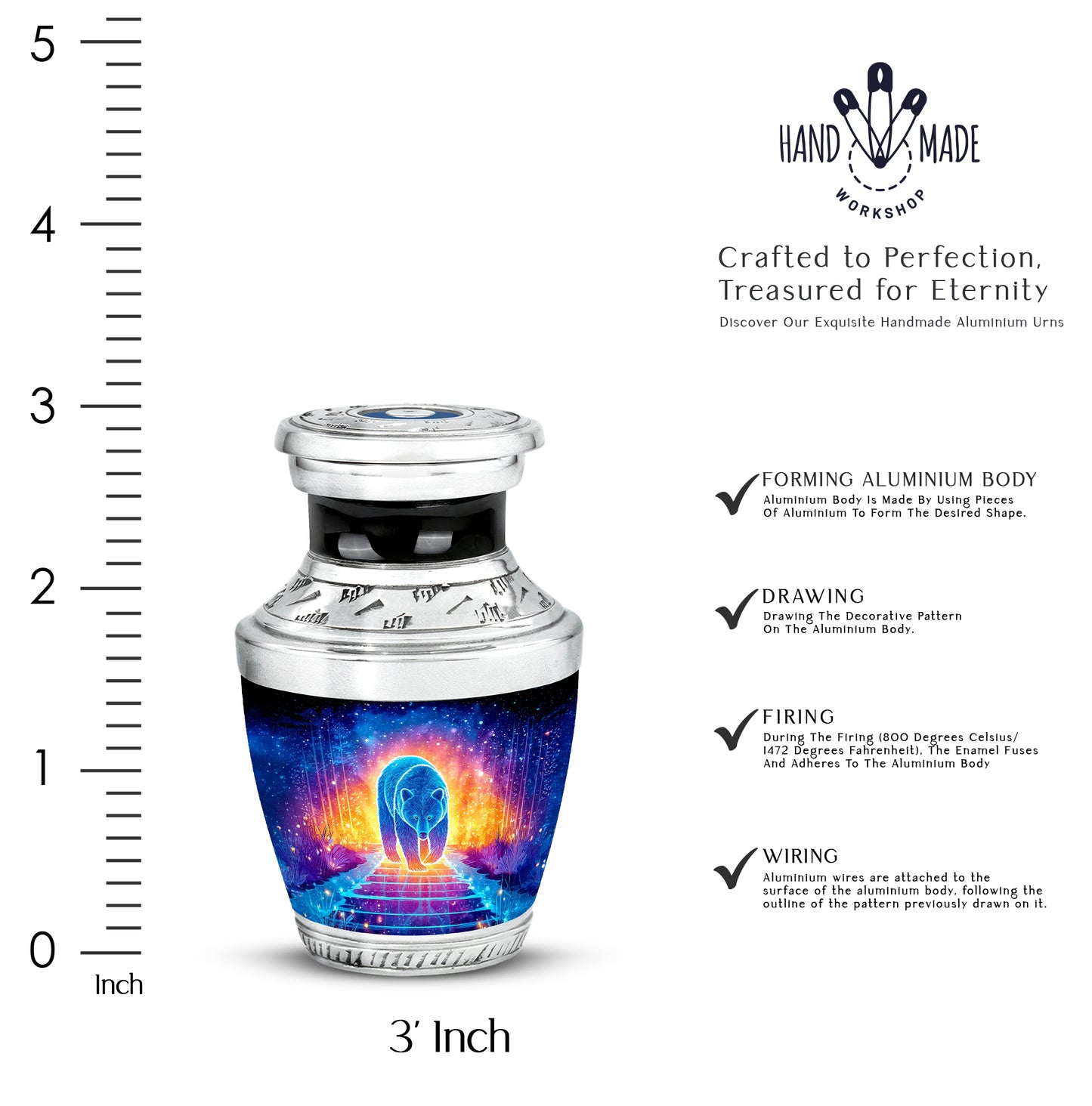 Onyx Black Bear Cremation Urn top-down view of secure threaded lid - stylized abstract bear pattern with bold lines - mini keepsake memorial for portion of cremation ashes