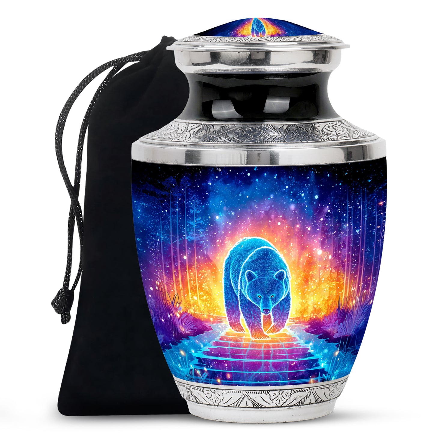 Glossy Black Bear Cremation Urn side profile showing urn shape - modern art-inspired bear motif on sleek aluminum - full-size 10 inch 200 cubic inch adult cremation urn