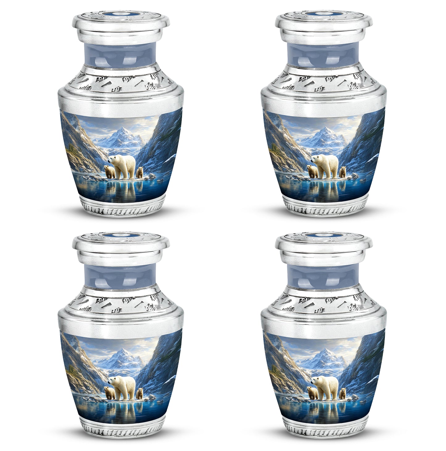Calming Blue Bear Cremation Urn back view with polished surface - stylized abstract bear pattern with bold lines - 10 inch aluminum urn for cremated remains