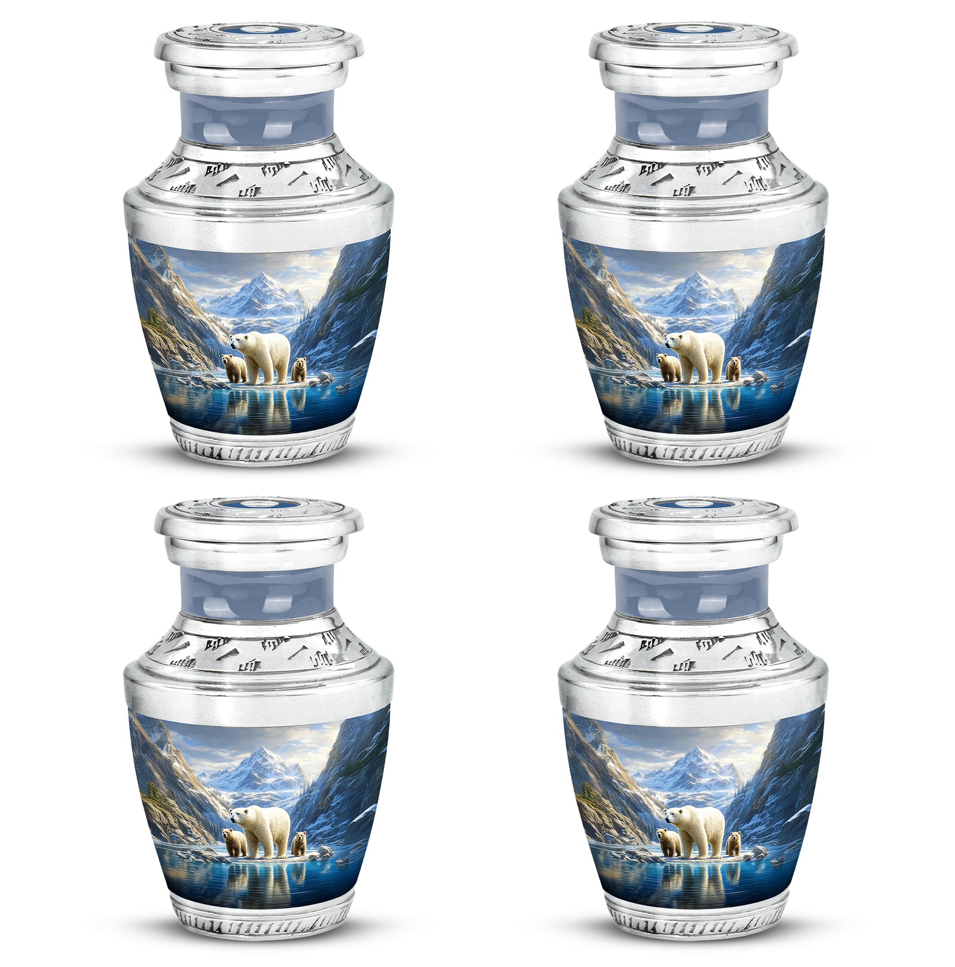 Calming Blue Bear Cremation Urn back view with polished surface - stylized abstract bear pattern with bold lines - 10 inch aluminum urn for cremated remains
