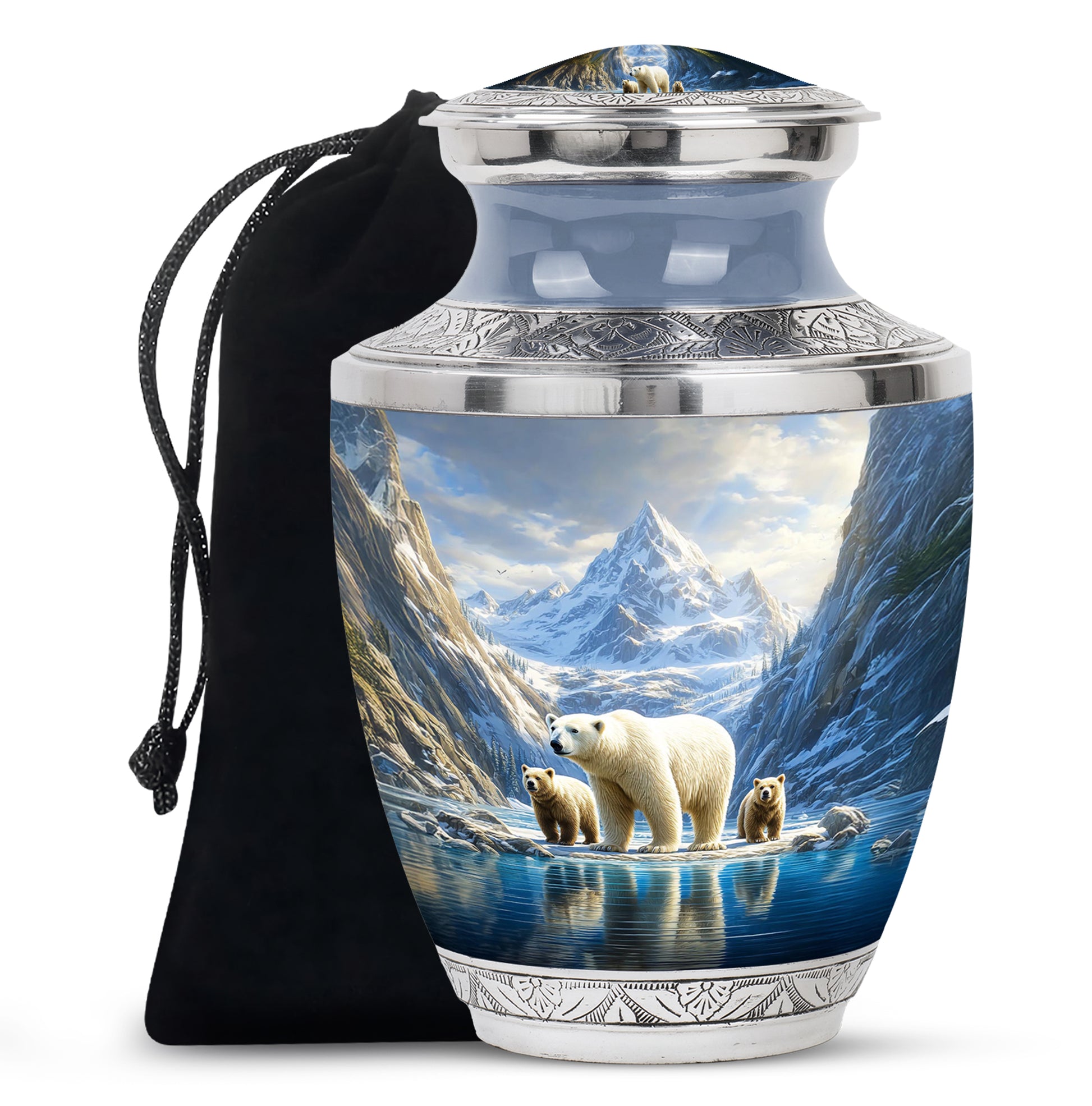 Powder Blue Bear Cremation Urn side profile showing urn shape - modern art-inspired bear motif on sleek aluminum - full-size 10 inch 200 cubic inch adult cremation urn