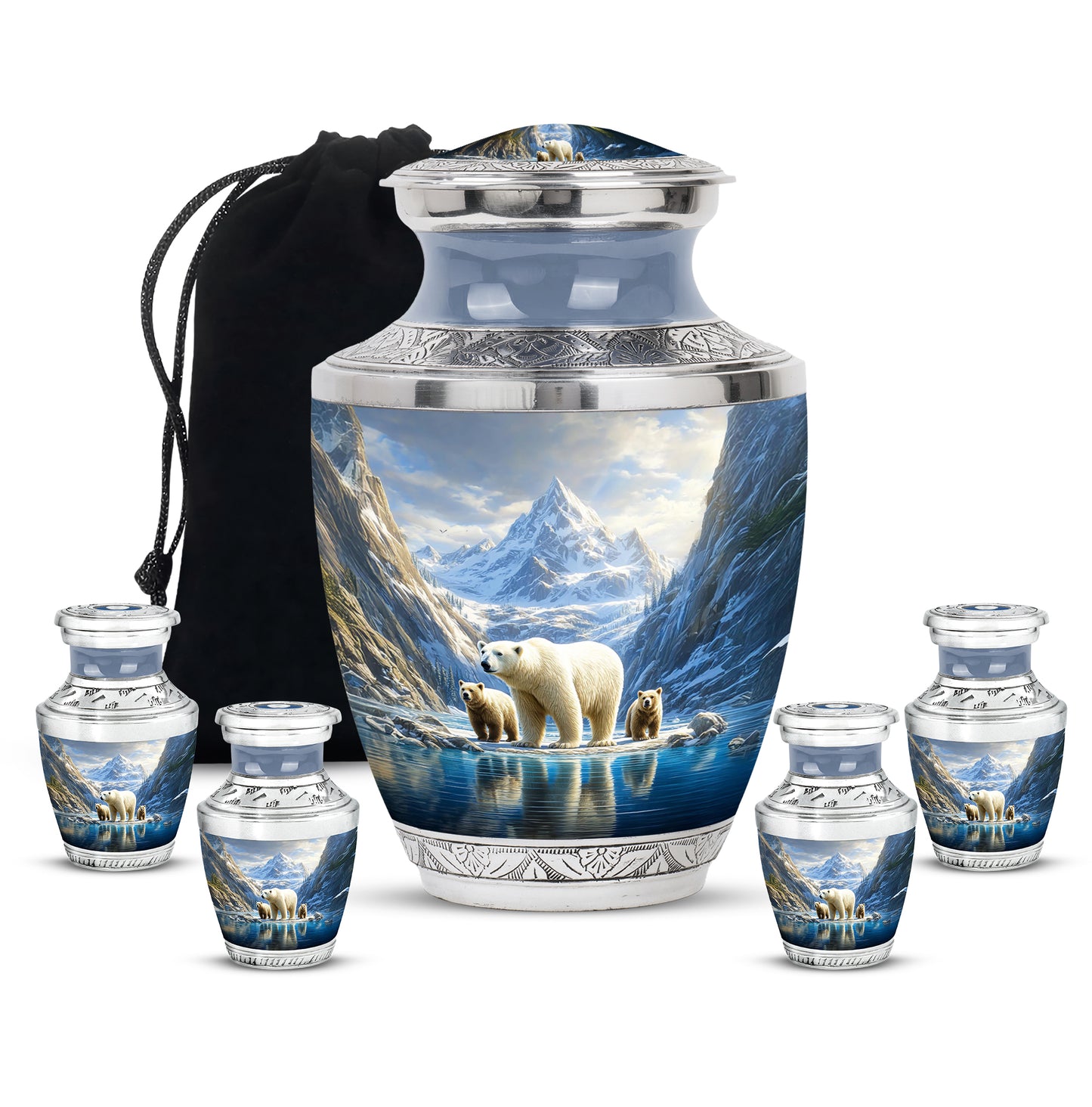 Indigo Bear Cremation Urn lifestyle display on memorial shelf - modern art-inspired bear motif on sleek aluminum - memorial set with one large and four small urns