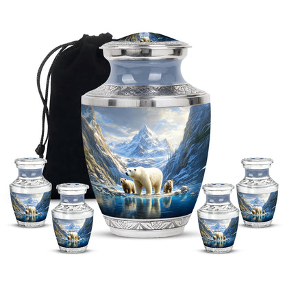 Indigo Bear Cremation Urn lifestyle display on memorial shelf - modern art-inspired bear motif on sleek aluminum - memorial set with one large and four small urns