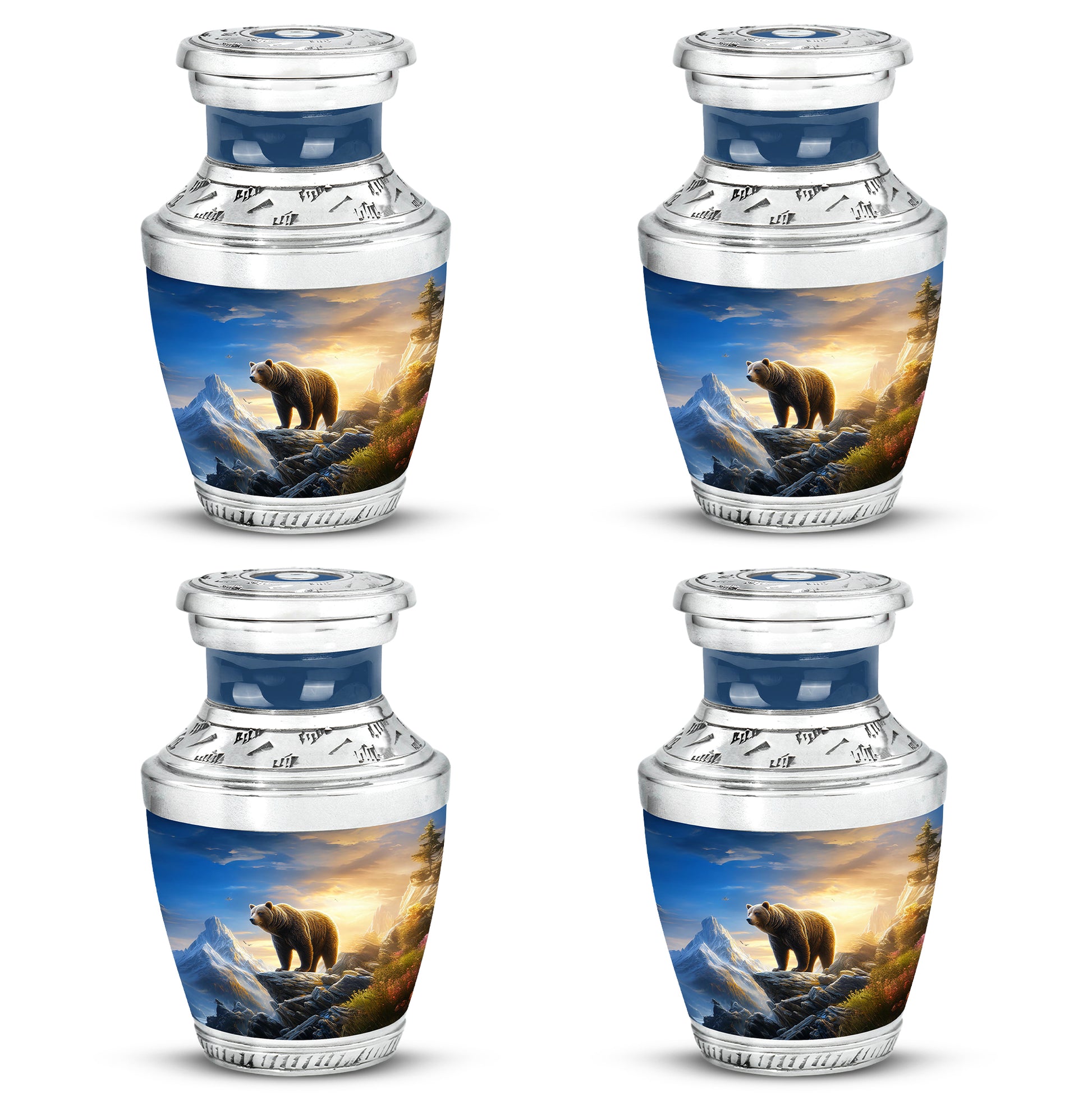 Sapphire Blue Bear Cremation Urn back view with polished surface - artistic bear interpretation with creative detail - 10 inch aluminum urn for cremated remains