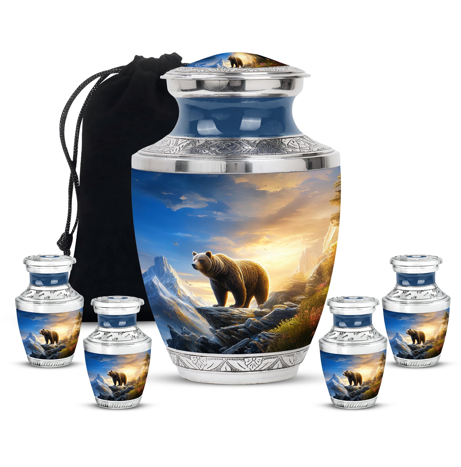 Royal Blue Bear Cremation Urn lifestyle display on memorial shelf - artistic bear interpretation with creative detail - memorial set with one large and four small urns