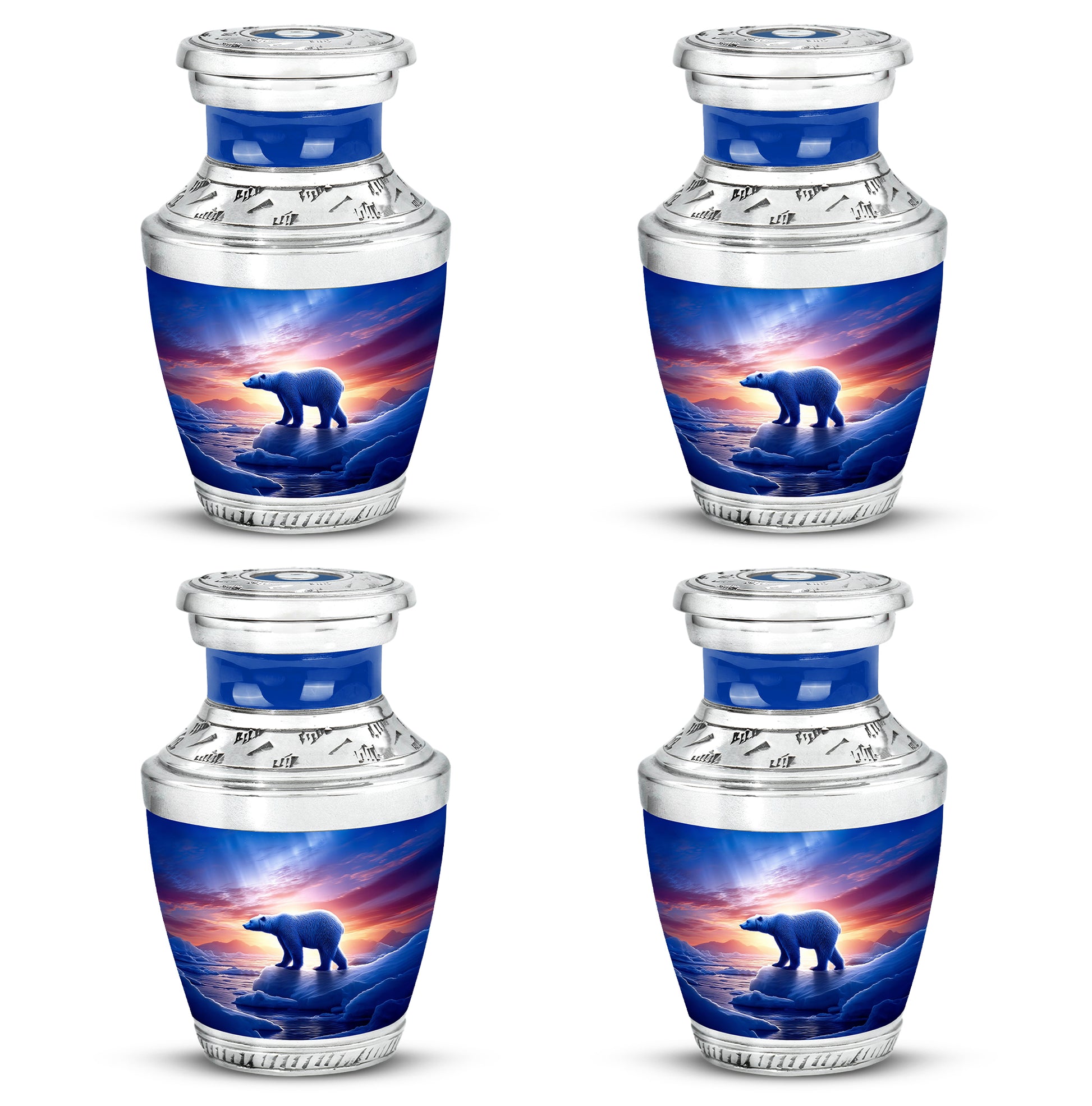 Bright Blue Bear Cremation Urn back view with polished surface - stylized abstract bear pattern with bold lines - 10 inch aluminum urn for cremated remains
