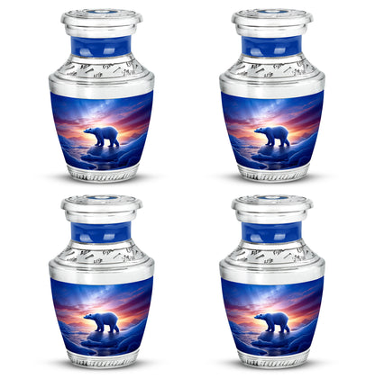 Bright Blue Bear Cremation Urn back view with polished surface - stylized abstract bear pattern with bold lines - 10 inch aluminum urn for cremated remains