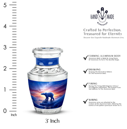 Cobalt Blue Bear Cremation Urn top-down view of secure threaded lid - stylized abstract bear pattern with bold lines - mini keepsake memorial for portion of cremation ashes
