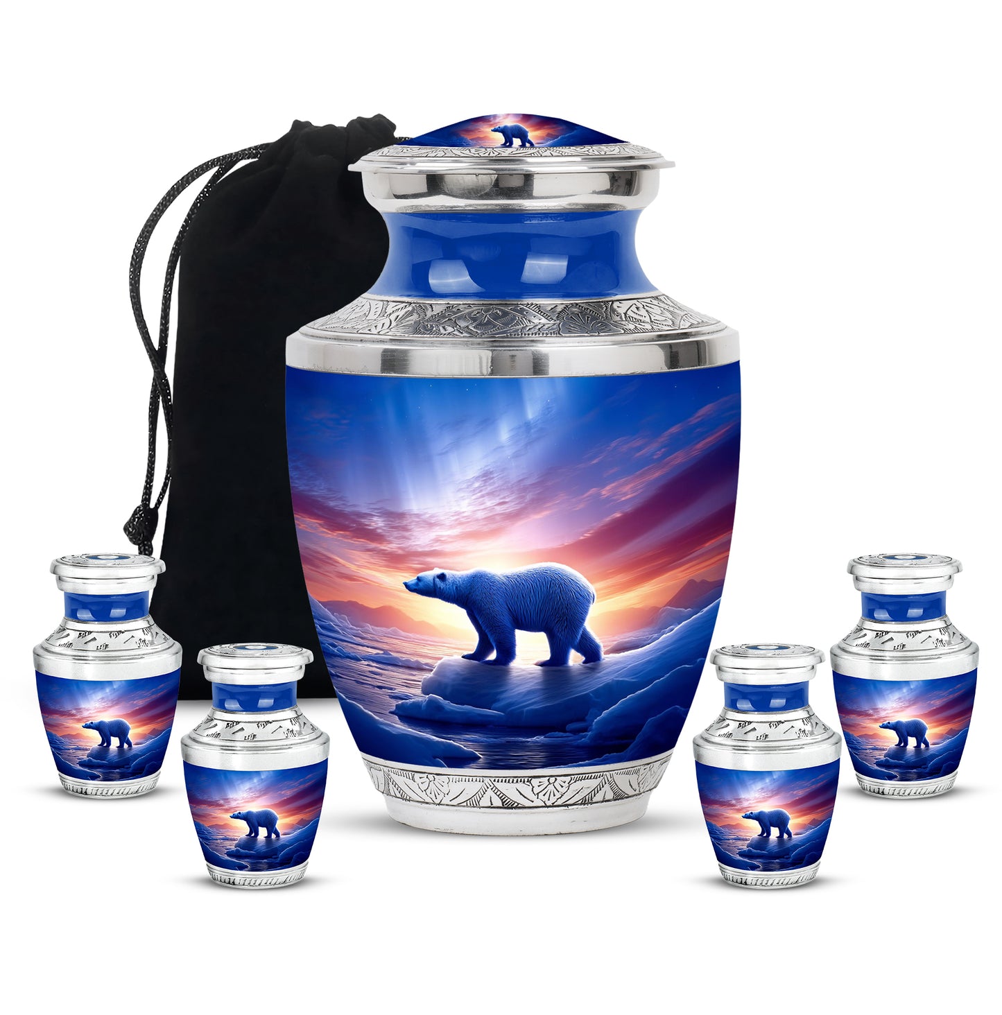 Misty Blue Bear Cremation Urn lifestyle display on memorial shelf - contemporary bear design with modern artistic flair - memorial set with one large and four small urns