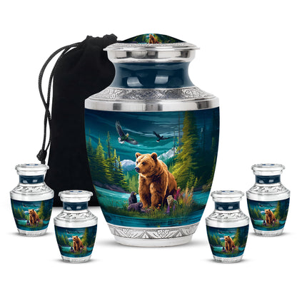 Vivid Teal Bear Cremation Urn lifestyle display on memorial shelf - artistic bear interpretation with creative detail - memorial set with one large and four small urns
