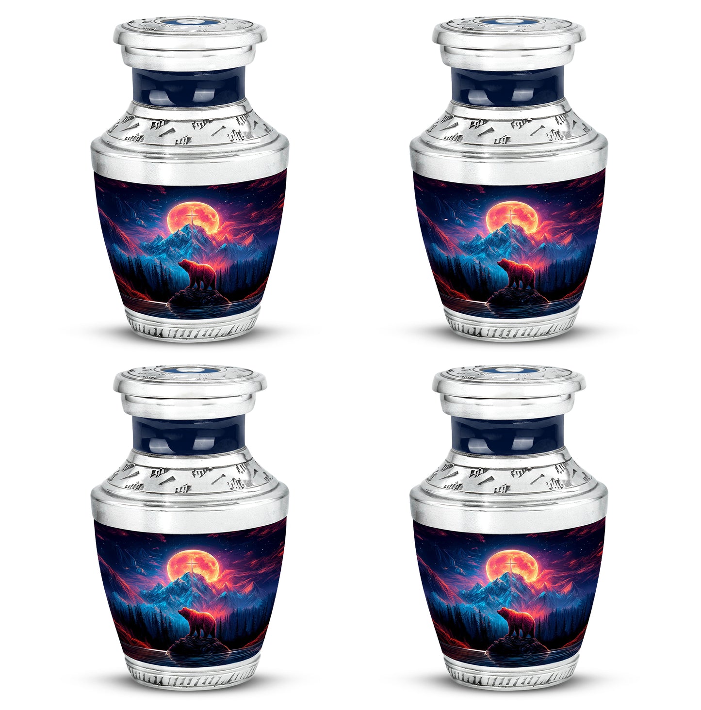 Cornflower Blue Bear Cremation Urn back view with polished surface - stylized abstract bear pattern with bold lines - 10 inch aluminum urn for cremated remains