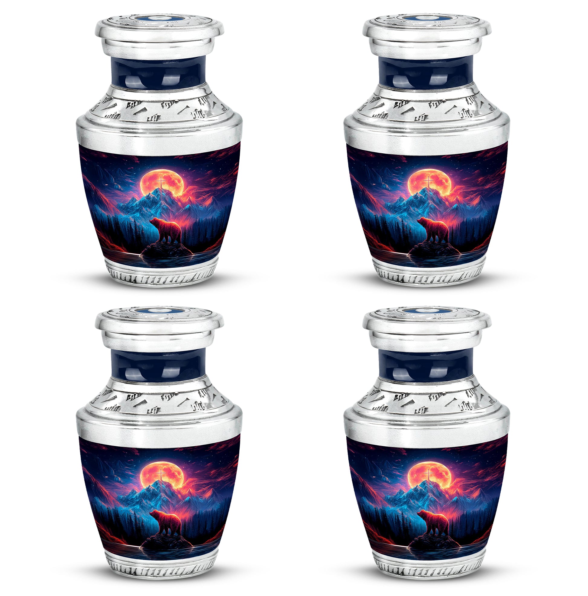 Cornflower Blue Bear Cremation Urn back view with polished surface - stylized abstract bear pattern with bold lines - 10 inch aluminum urn for cremated remains