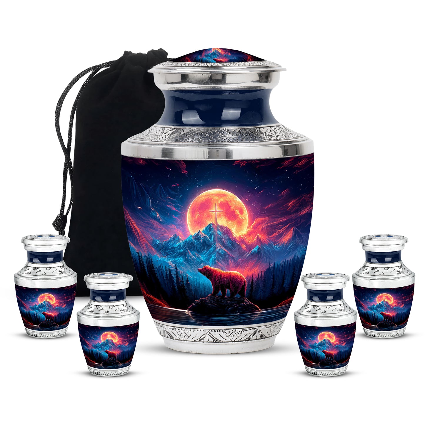 Slate Blue Bear Cremation Urn lifestyle display on memorial shelf - contemporary bear design with modern artistic flair - memorial set with one large and four small urns