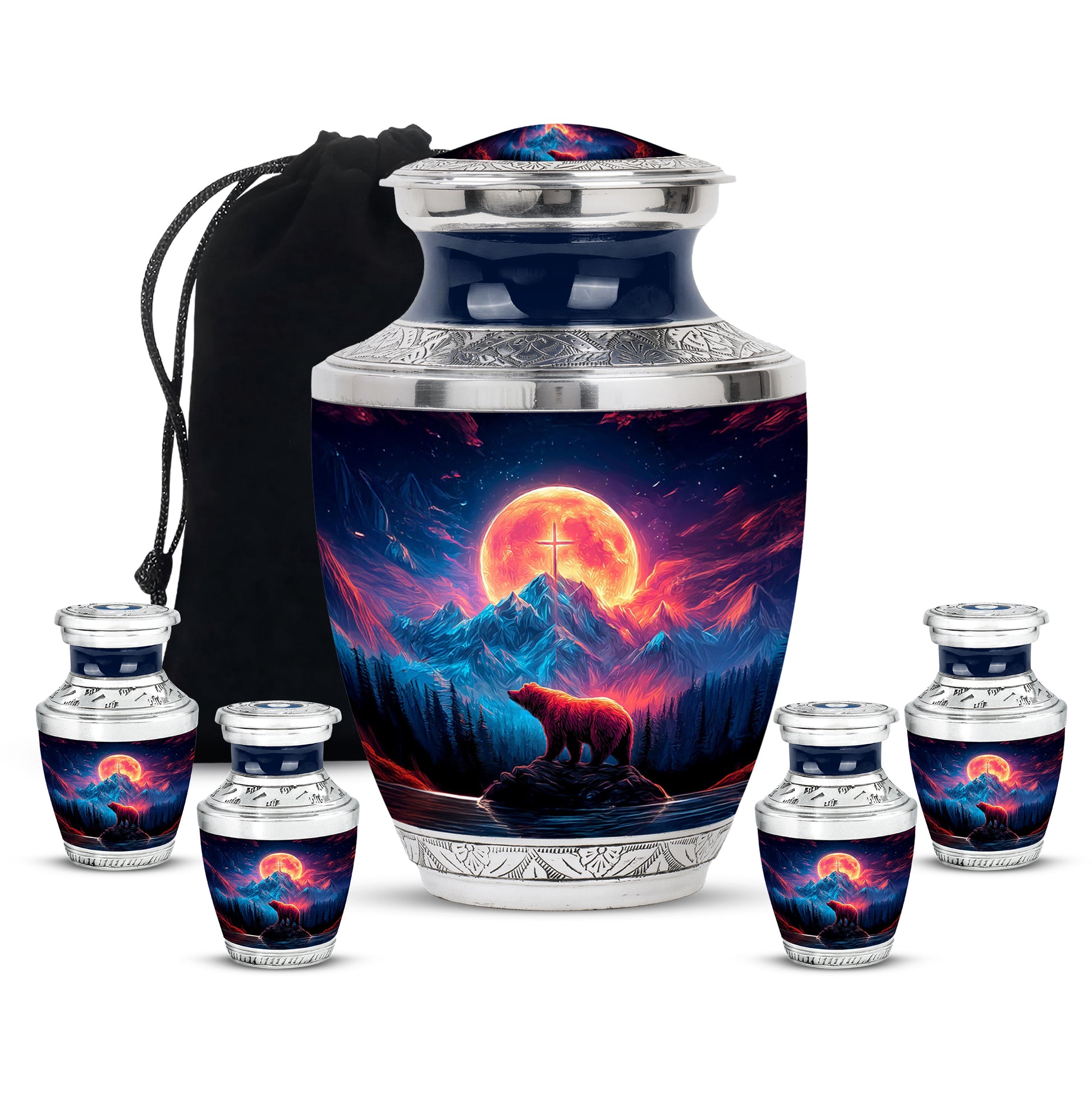 Slate Blue Bear Cremation Urn lifestyle display on memorial shelf - contemporary bear design with modern artistic flair - memorial set with one large and four small urns