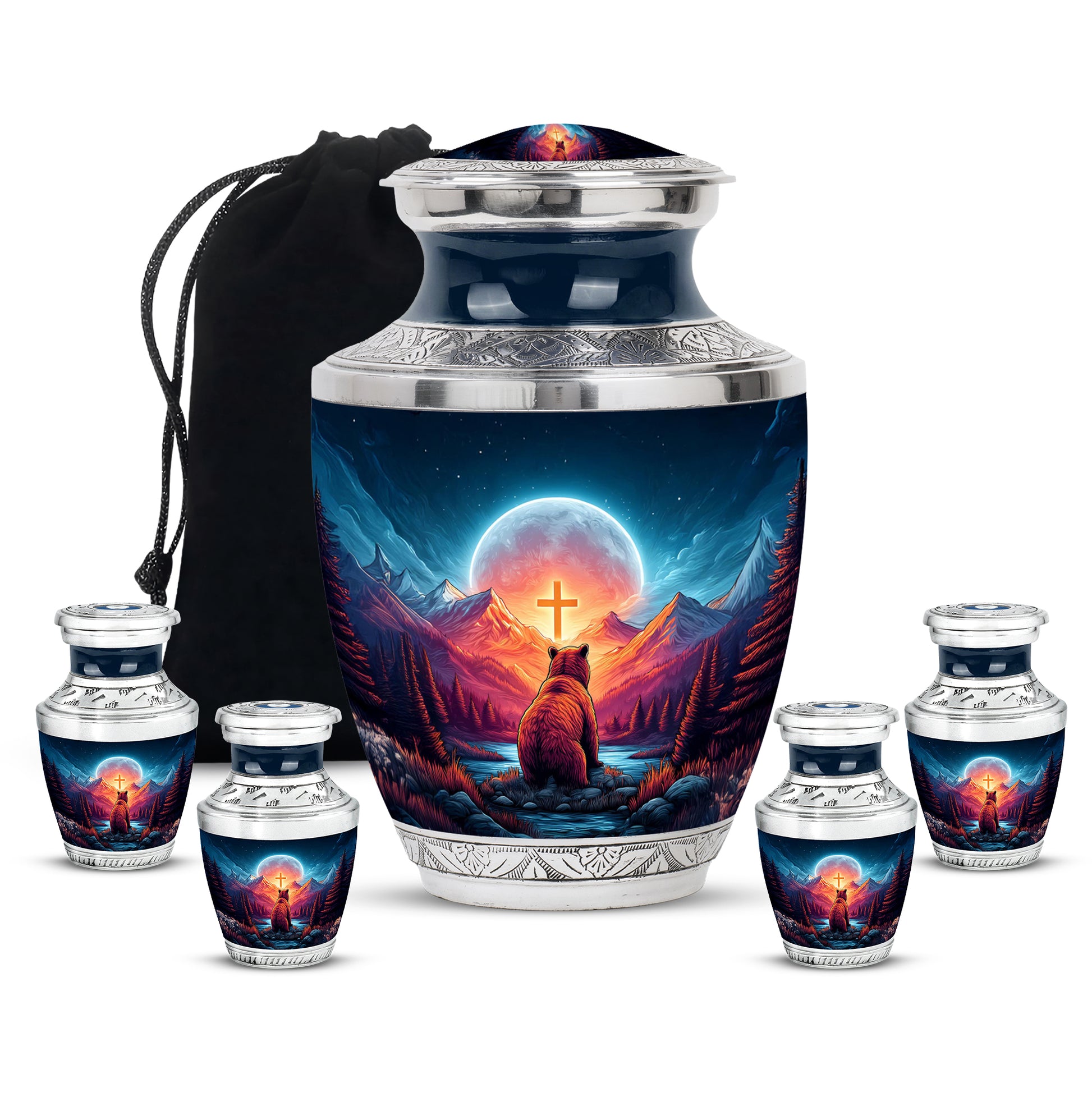 Steel Blue Bear Cremation Urn lifestyle display on memorial shelf - artistic bear interpretation with creative detail - memorial set with one large and four small urns