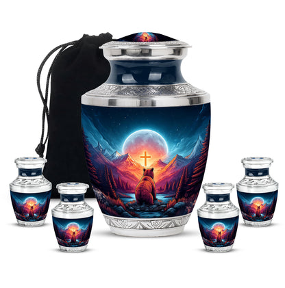 Steel Blue Bear Cremation Urn lifestyle display on memorial shelf - artistic bear interpretation with creative detail - memorial set with one large and four small urns
