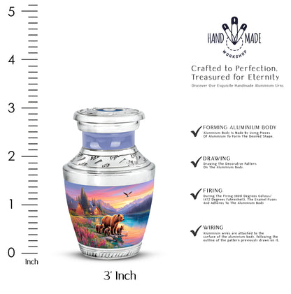 Sapphire Blue Bear Cremation Urn top-down view of secure threaded lid - stylized abstract bear pattern with bold lines - mini keepsake memorial for portion of cremation ashes