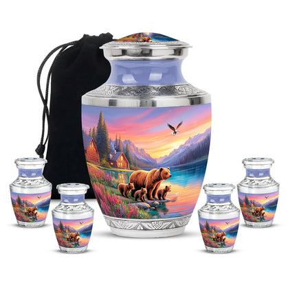 Soft Blue Bear Cremation Urn lifestyle display on memorial shelf - artistic bear interpretation with creative detail - memorial set with one large and four small urns