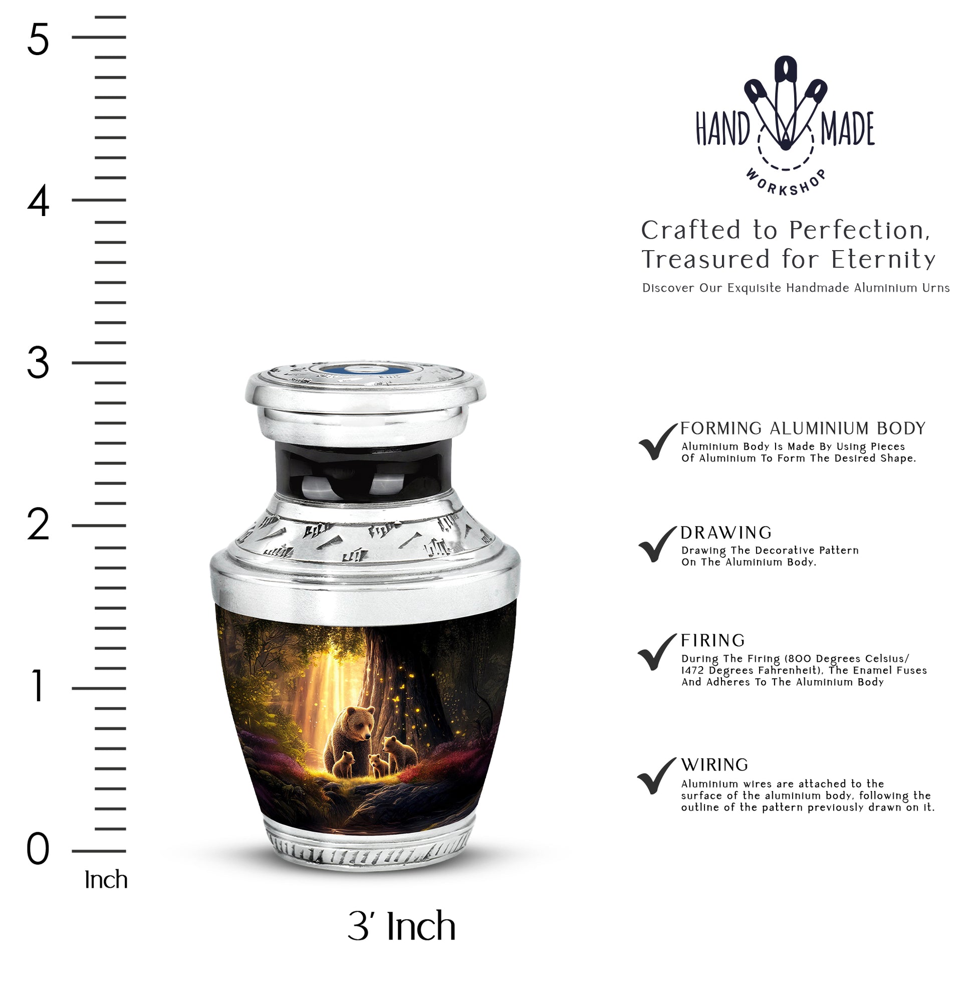 Dark Black Bear Cremation Urn top-down view of secure threaded lid - stylized abstract bear pattern with bold lines - mini keepsake memorial for portion of cremation ashes