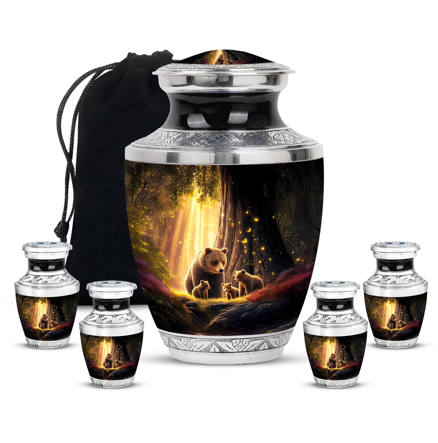 Ebony Bear Cremation Urn lifestyle display on memorial shelf - modern art-inspired bear motif on sleek aluminum - memorial set with one large and four small urns